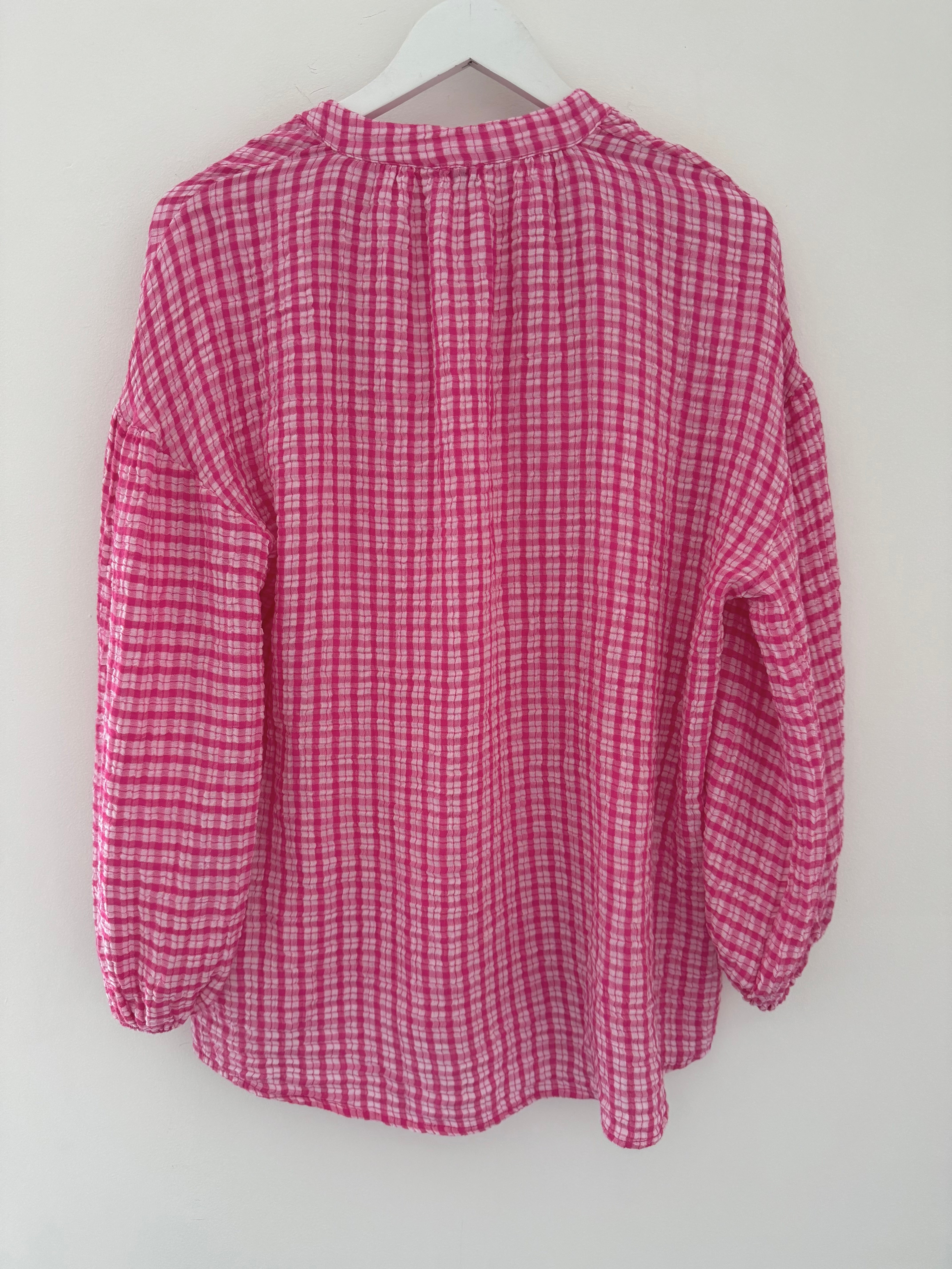 Gingham Seersucker Blouse in Raspberry