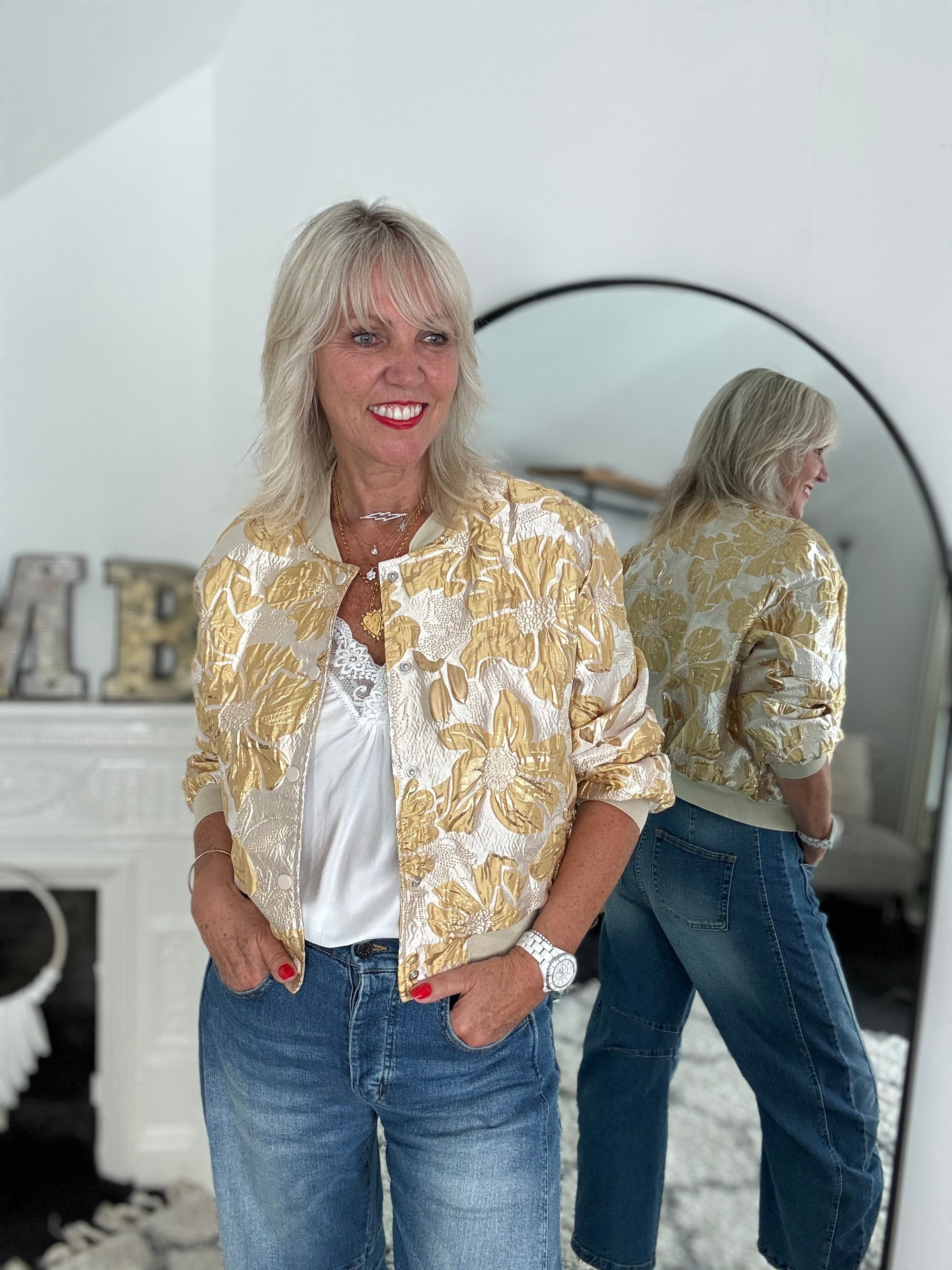 Luxe Bomber Jacket in Gold & Ecru