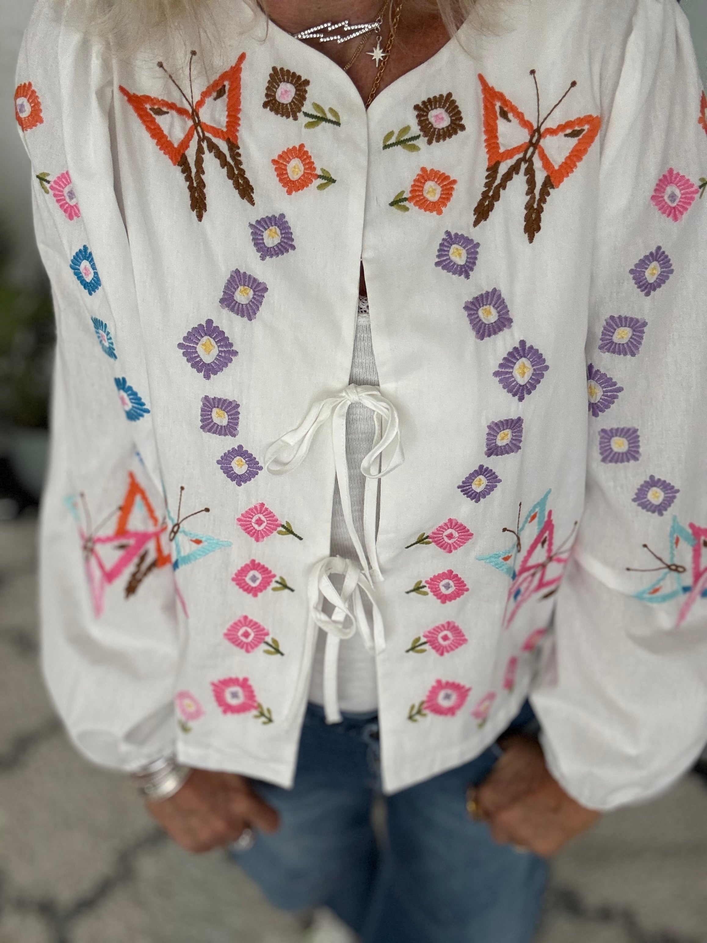 Embroidered Shirt Jacket with Tie Front