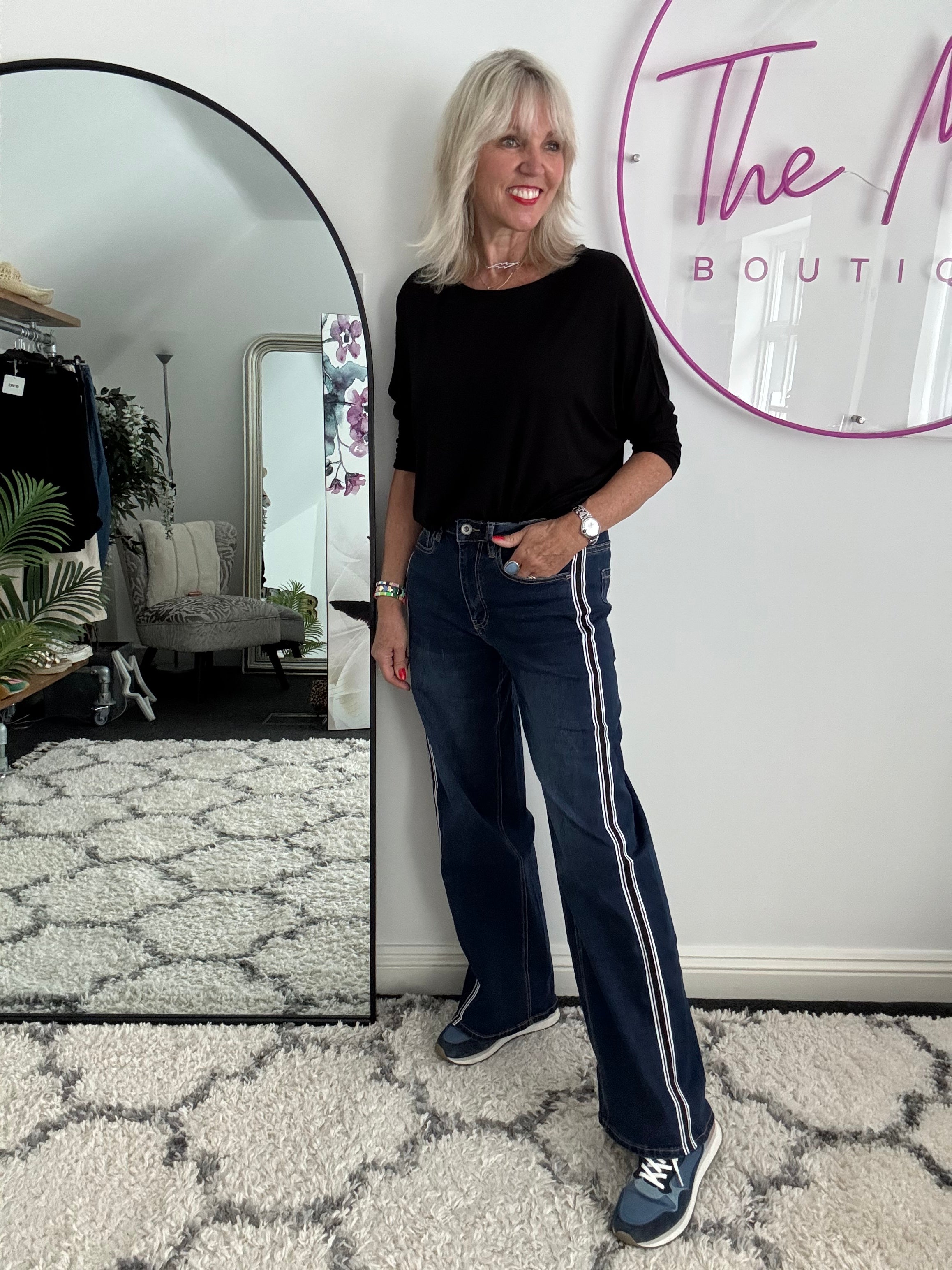 Stretch Flared Jeans with Side Stripes in Dark Denim