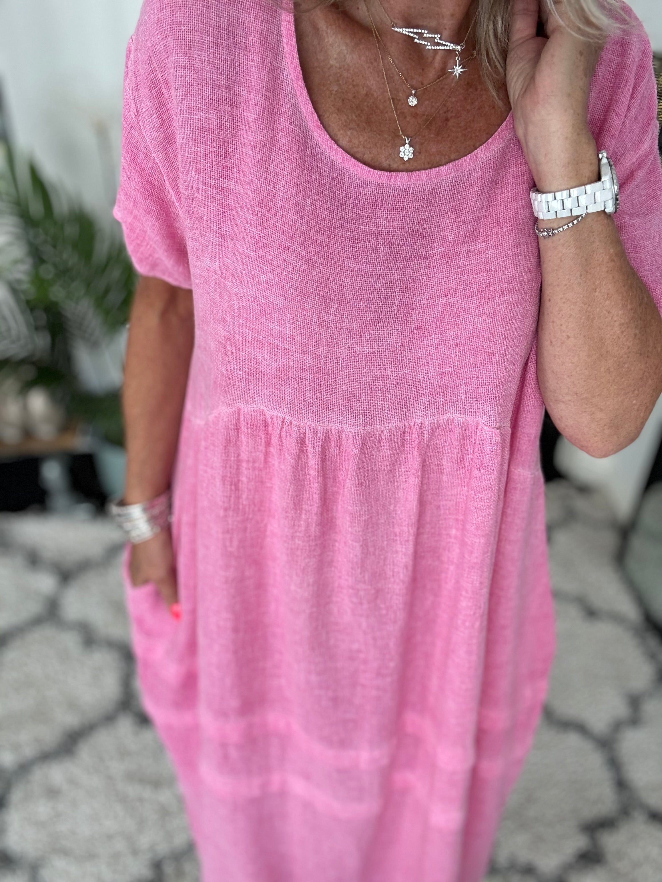 Cotton & Linen Cocoon Dress in Candy Pink