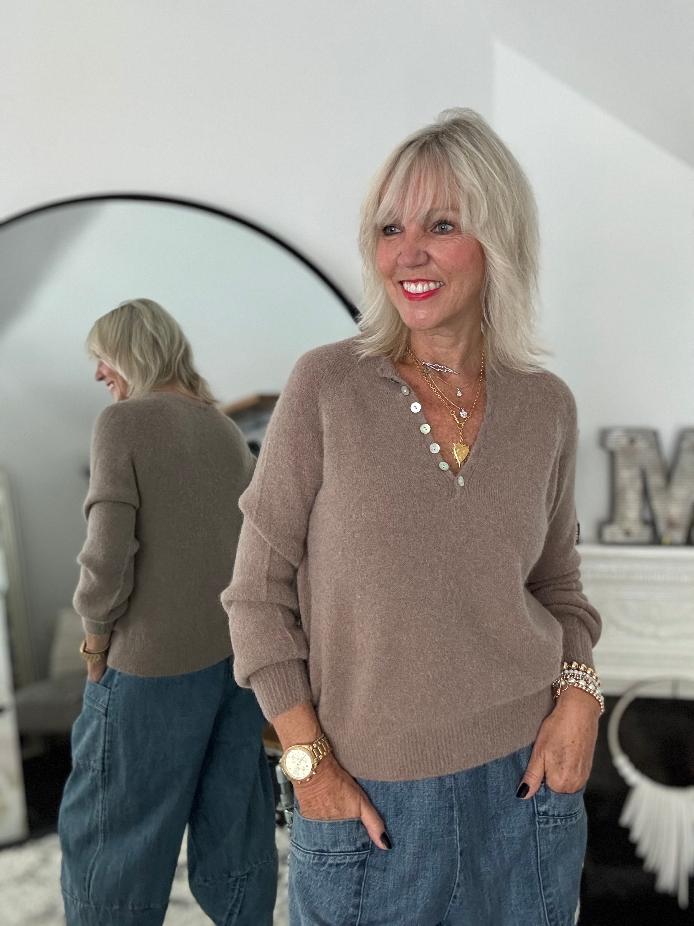 Softie Jumper with Button Neck in Soft Mocha