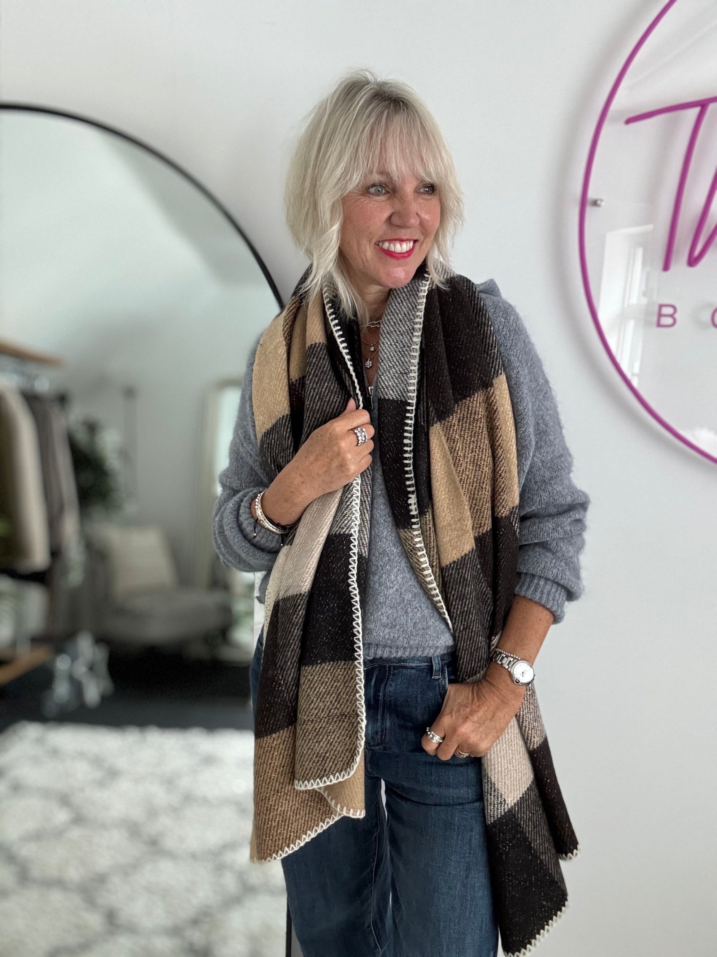 Super Soft Check Scarf in Cocoa & Tan