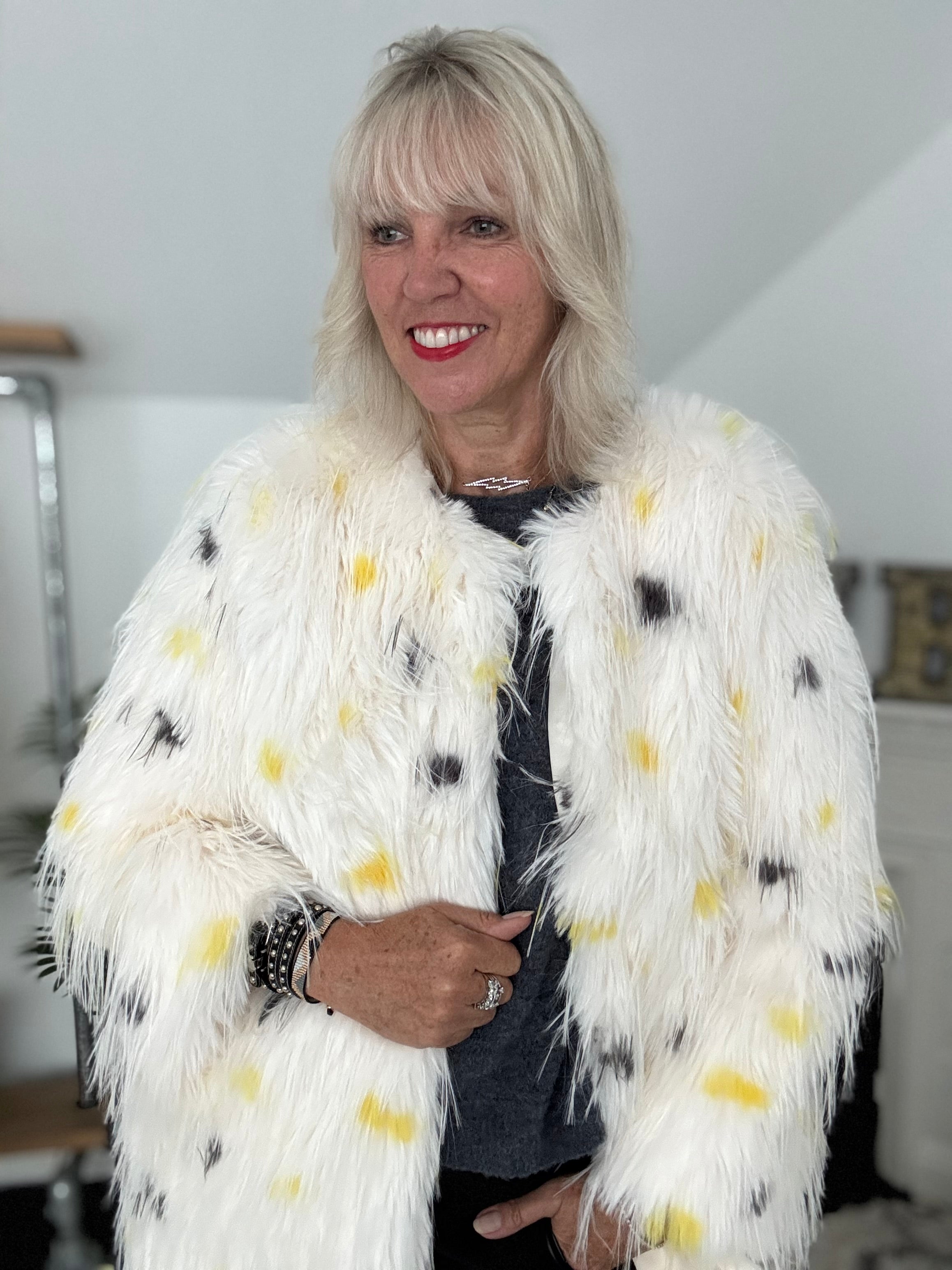 Faux Fur Spot Jacket in Yellow & Charcoal