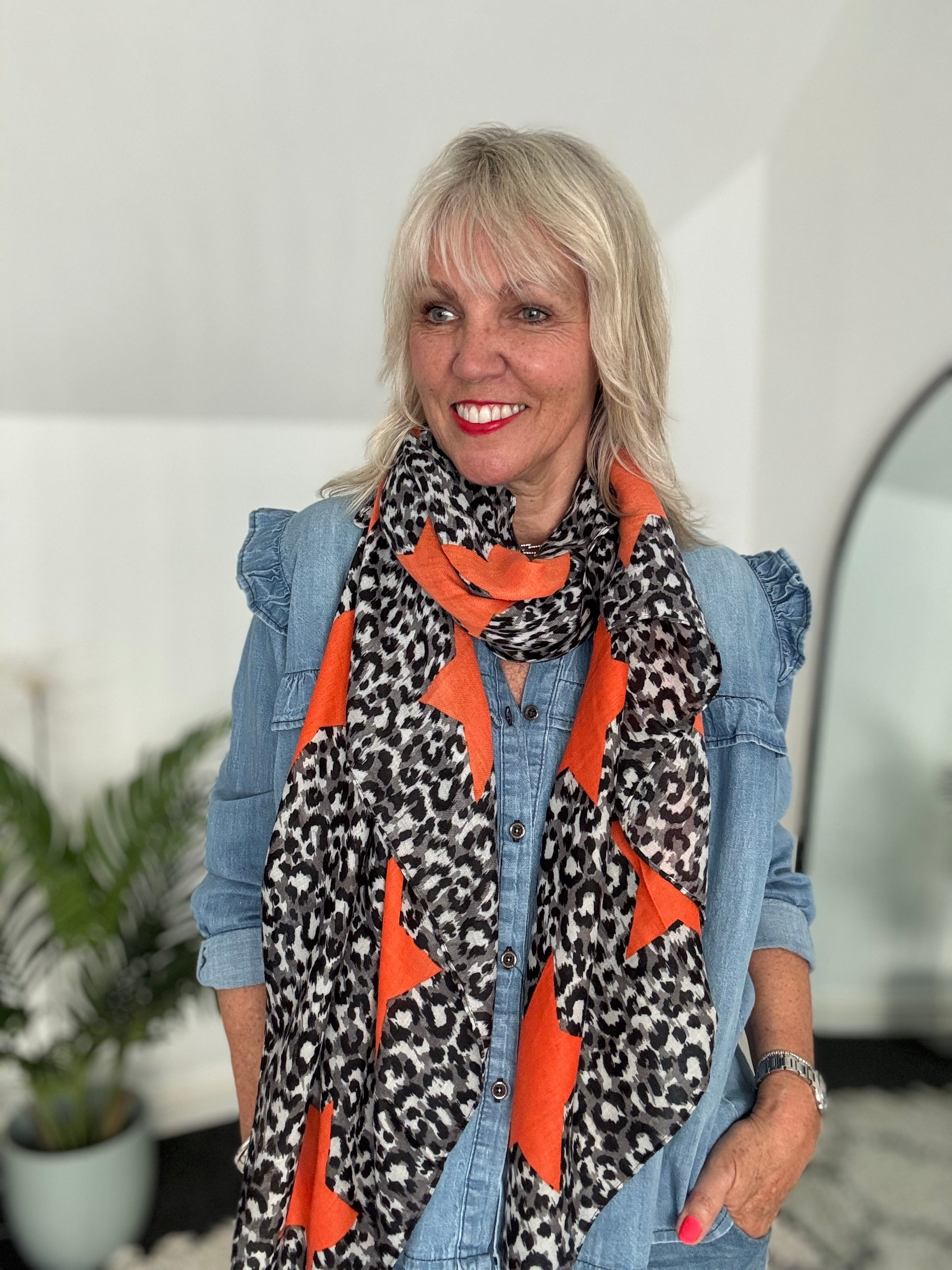 Leopard Scarf with Orange Stars
