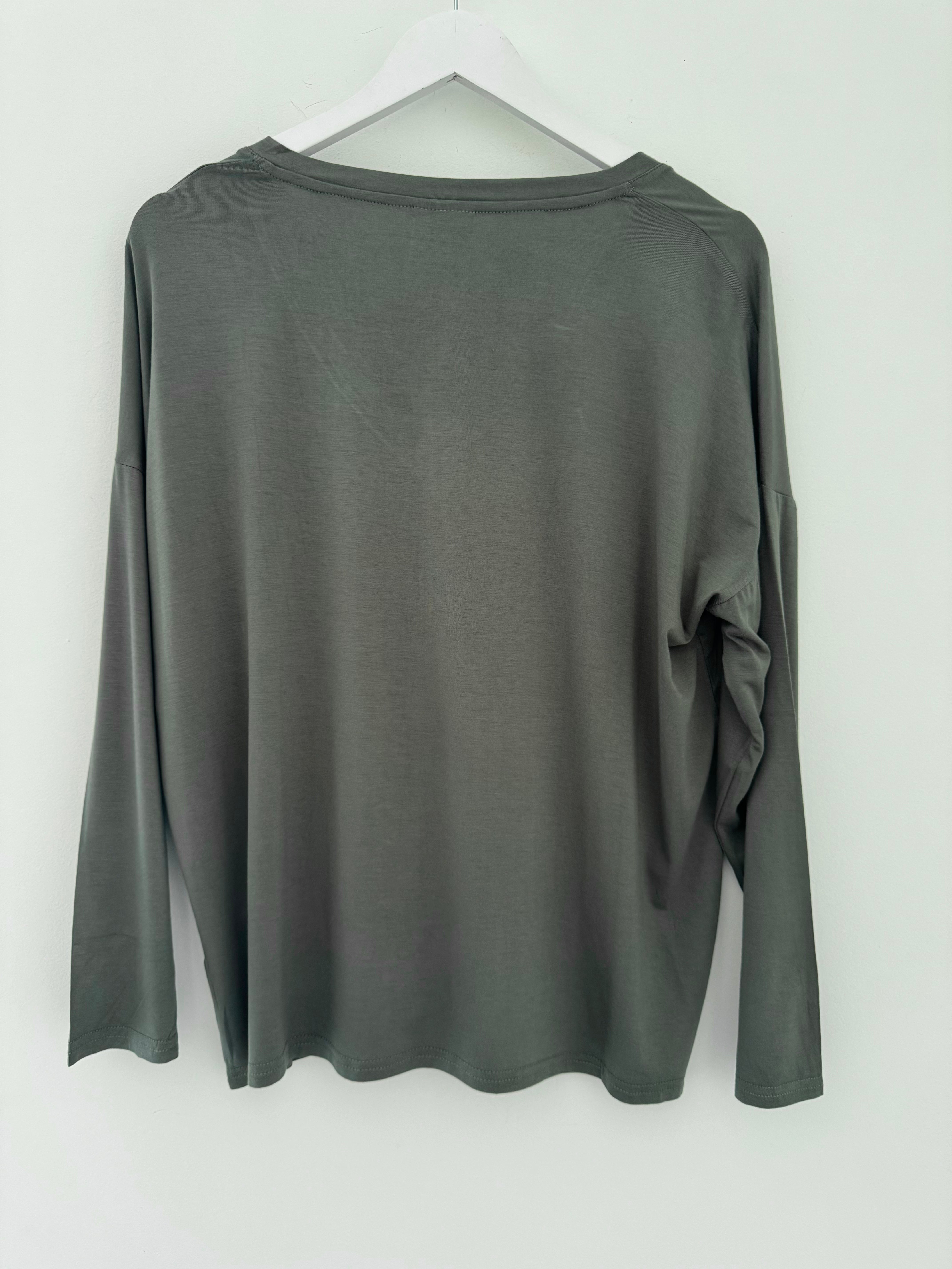 Bamboo Jersey V Neck Top in Khaki