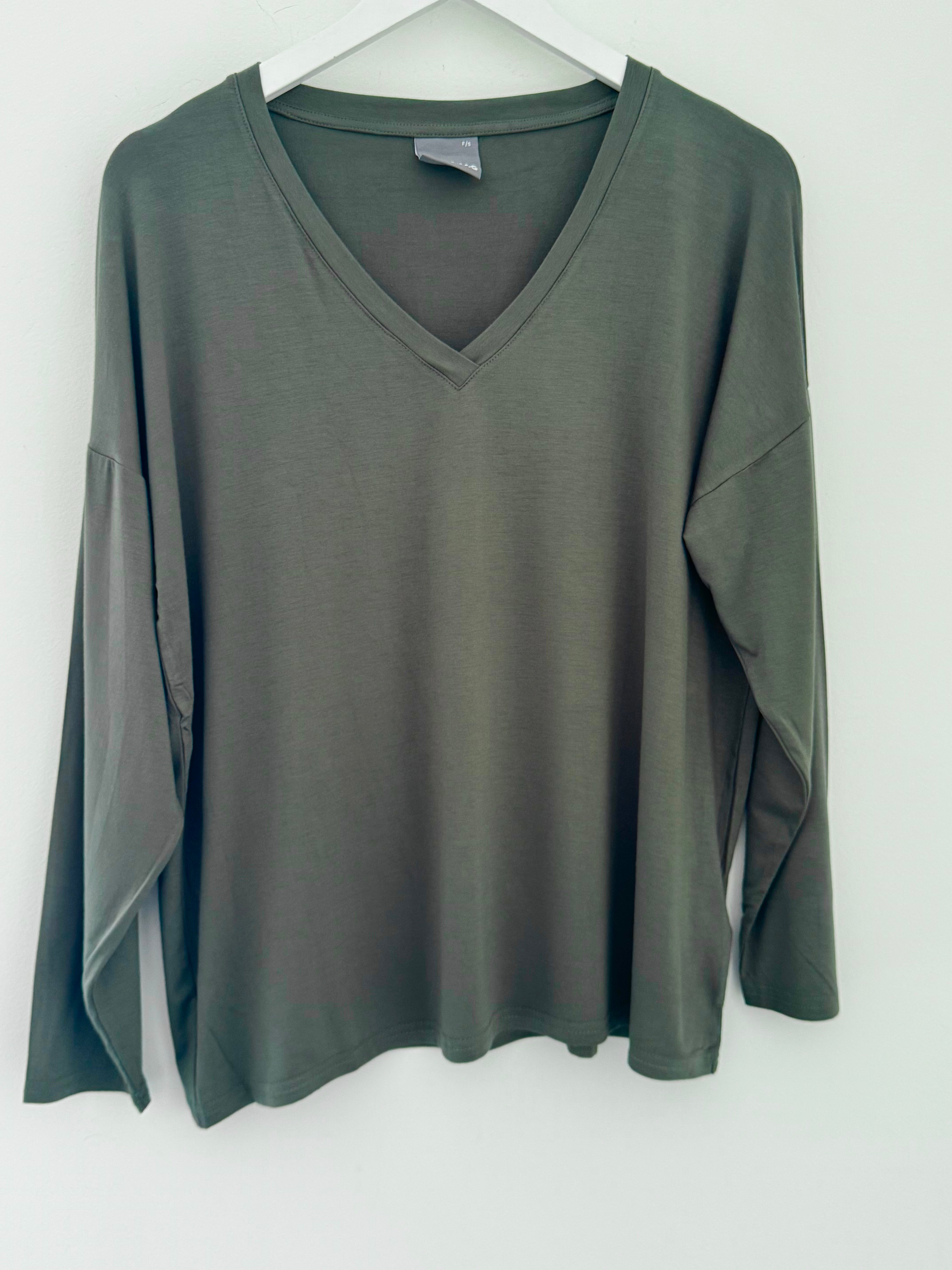 Bamboo Jersey V Neck Top in Khaki