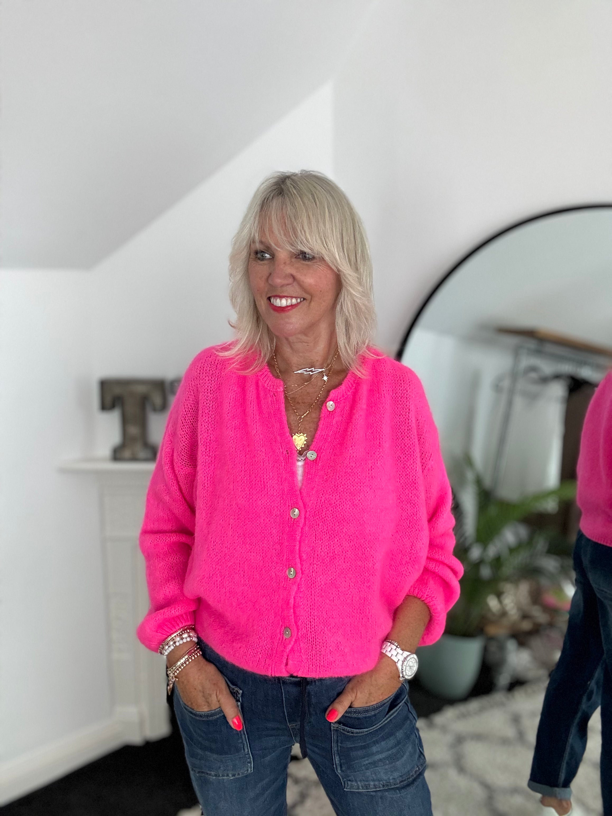 Mohair Buttoned Cardi in Neon Pink