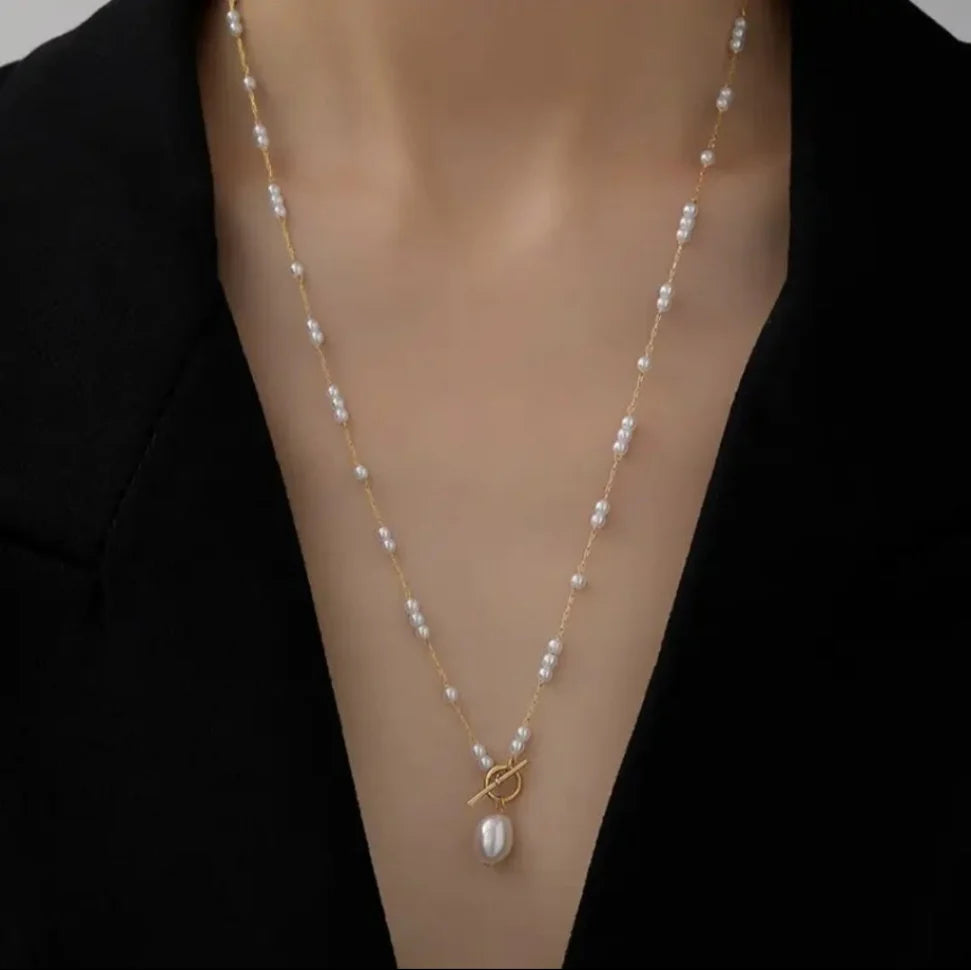 T Bar Necklace with Large Freshwater Pearl Drop