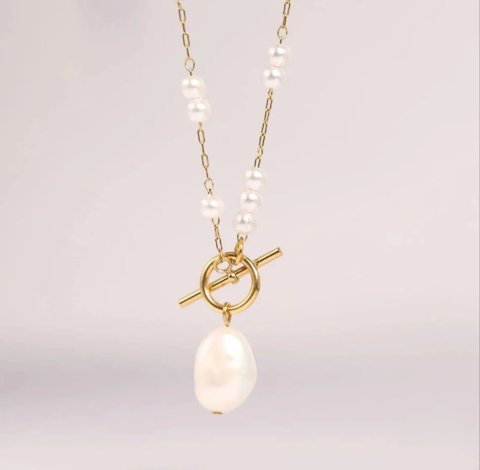 T Bar Necklace with Large Freshwater Pearl Drop