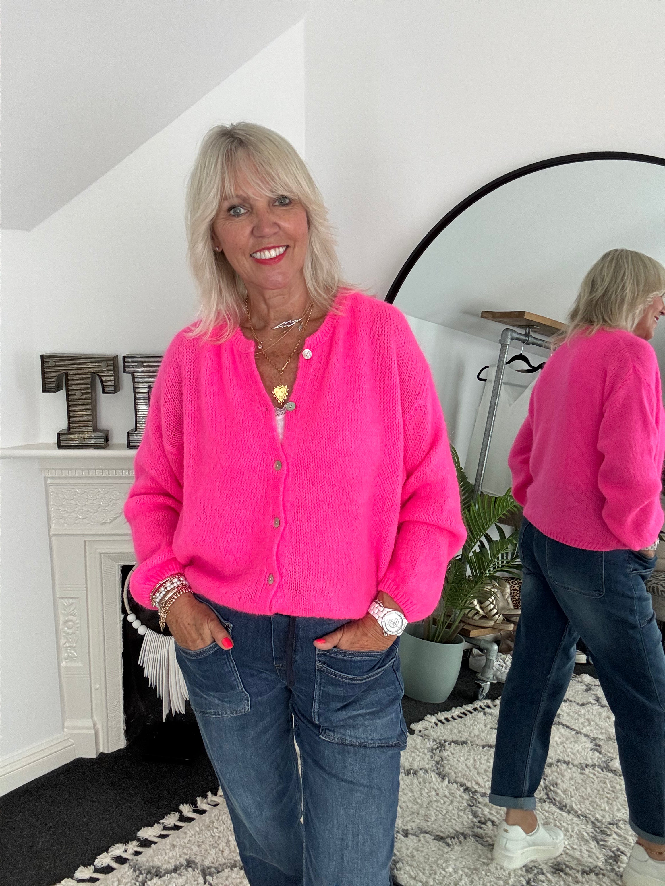 Mohair Buttoned Cardi in Neon Pink