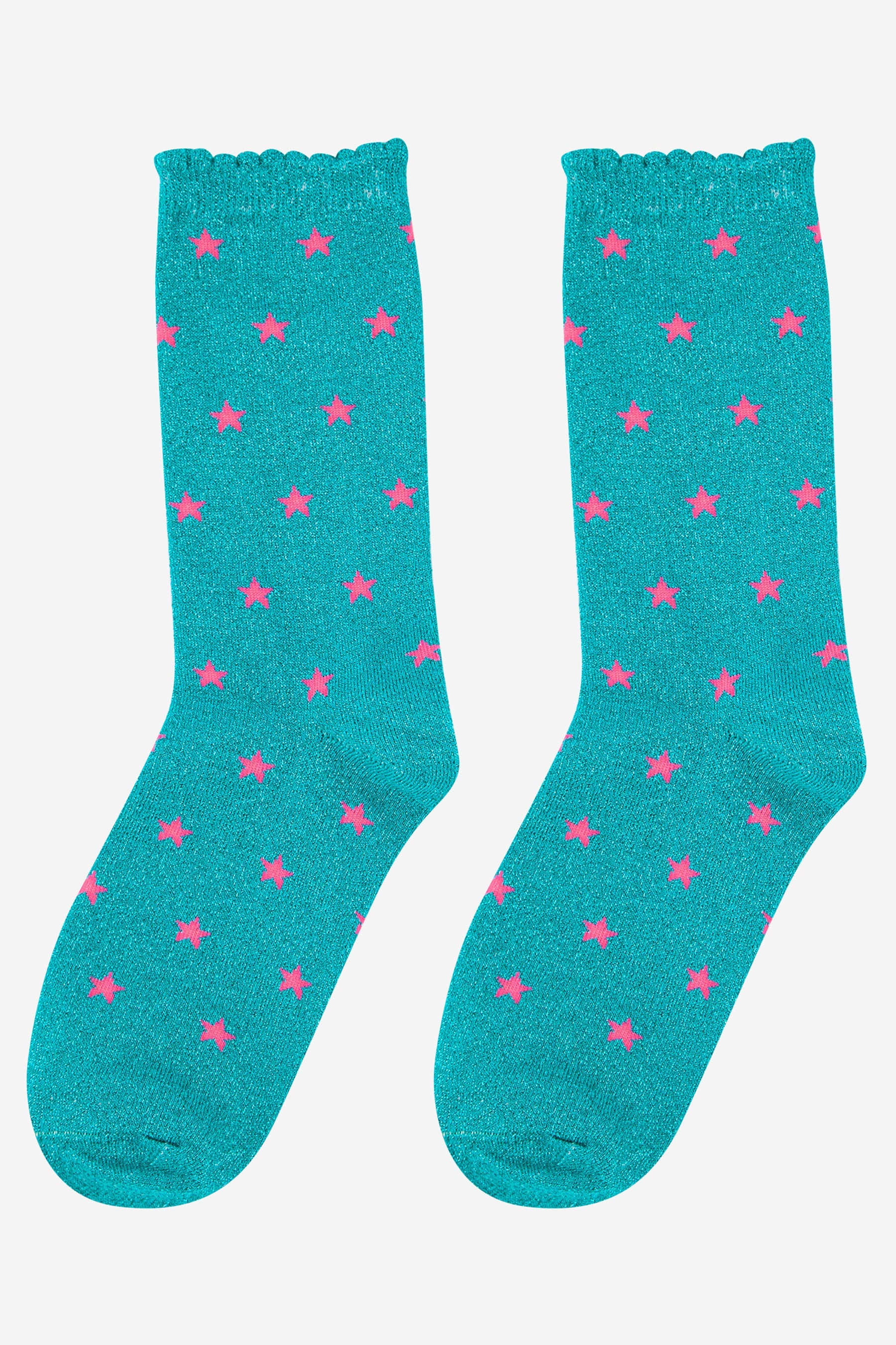 Glitter Cotton Socks in Teal with Pink Stars