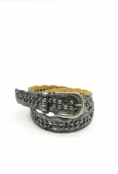Disc Studded Leather Belt in Metallic Pewter