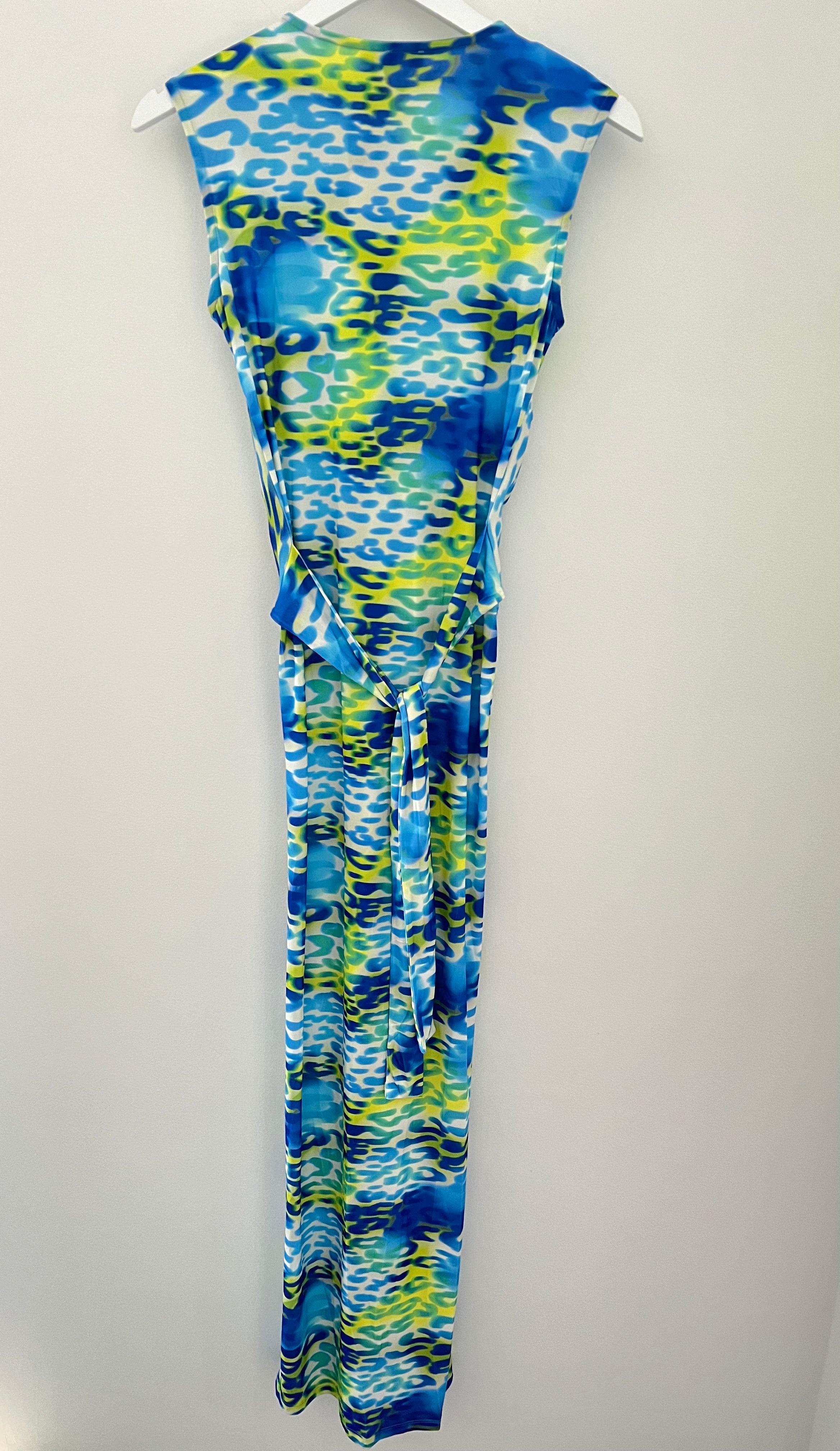 Stretch Print Dress in Blue & Lime