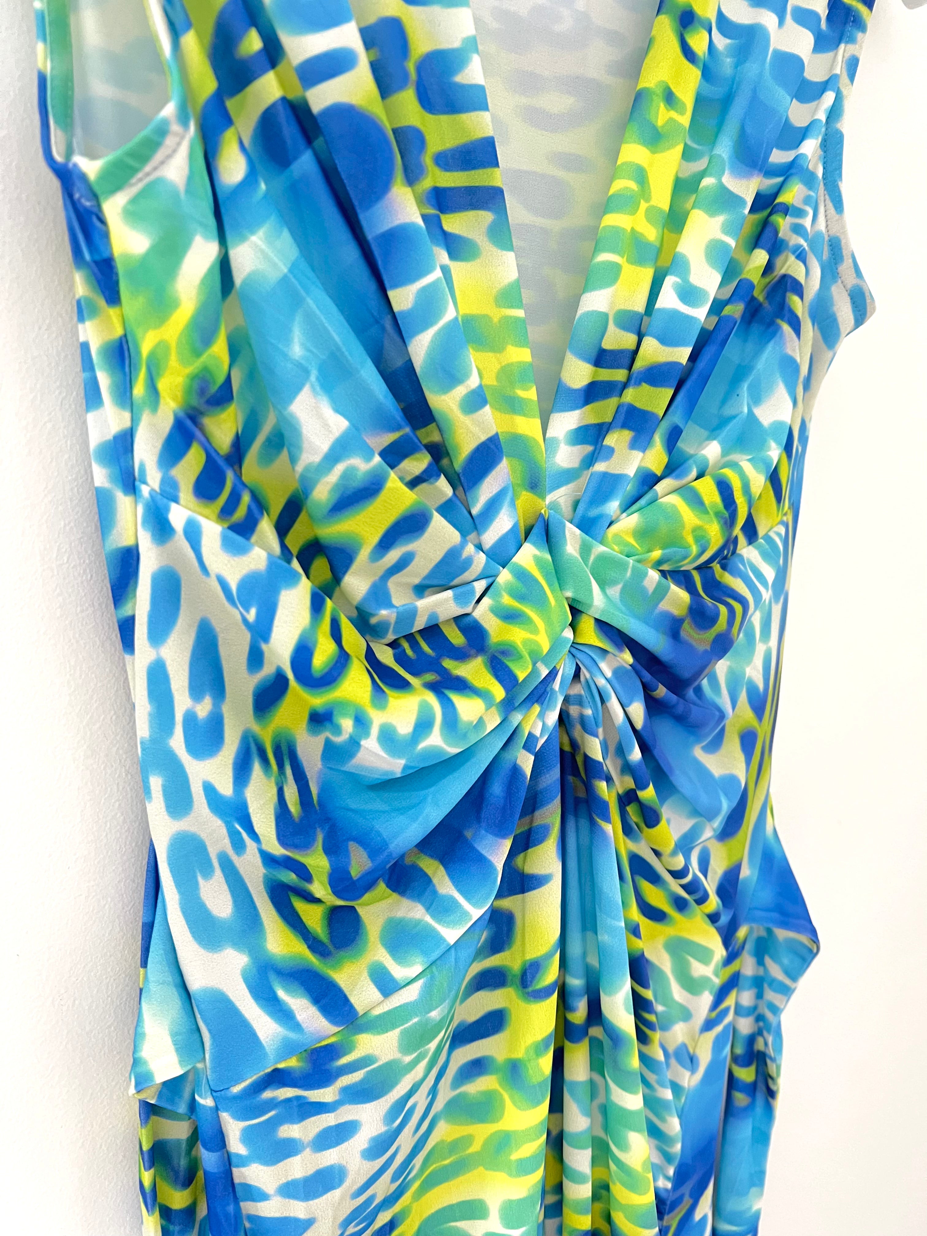 Stretch Print Dress in Blue & Lime