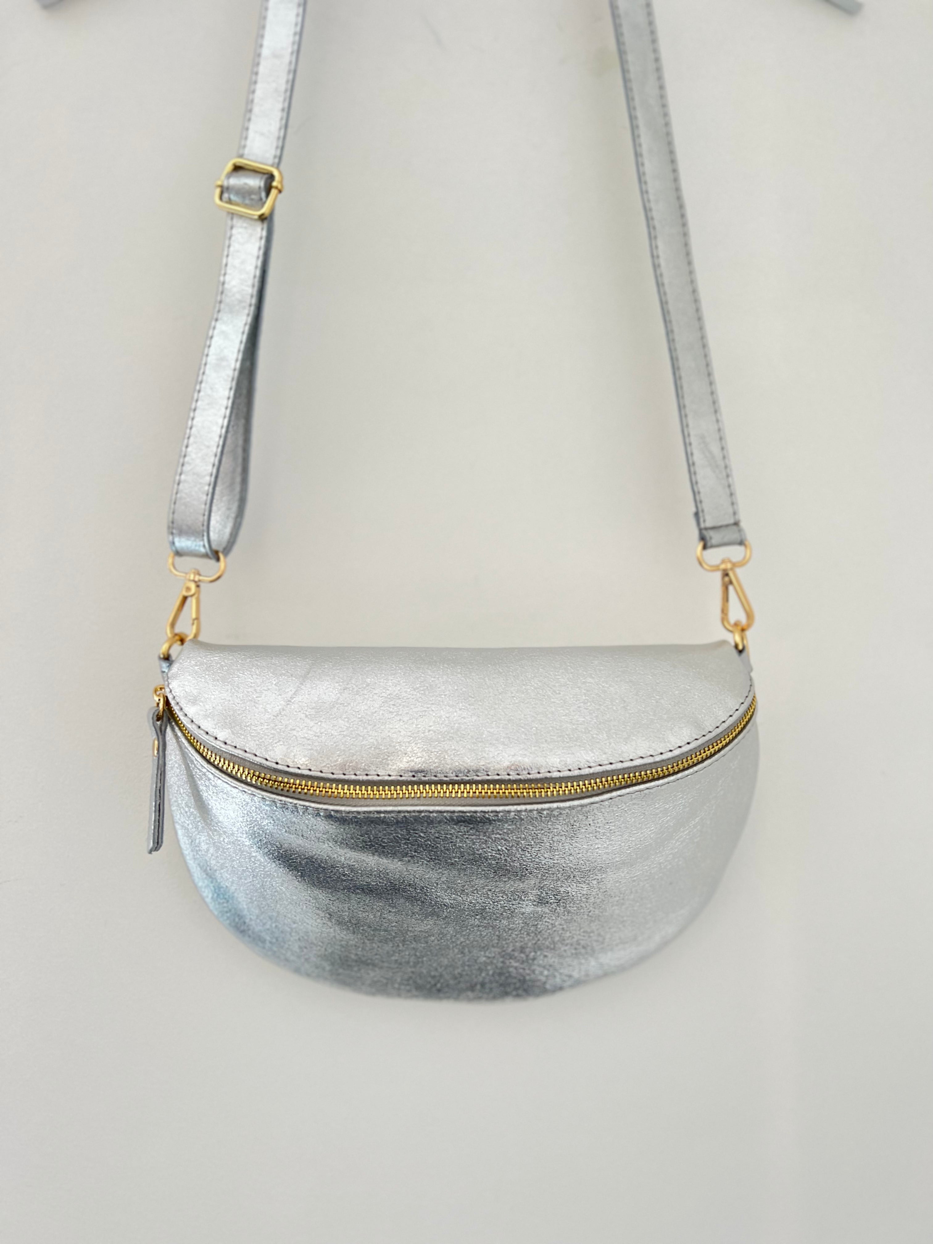 Leather Crossbody Crescent Bag in Metallic Silver