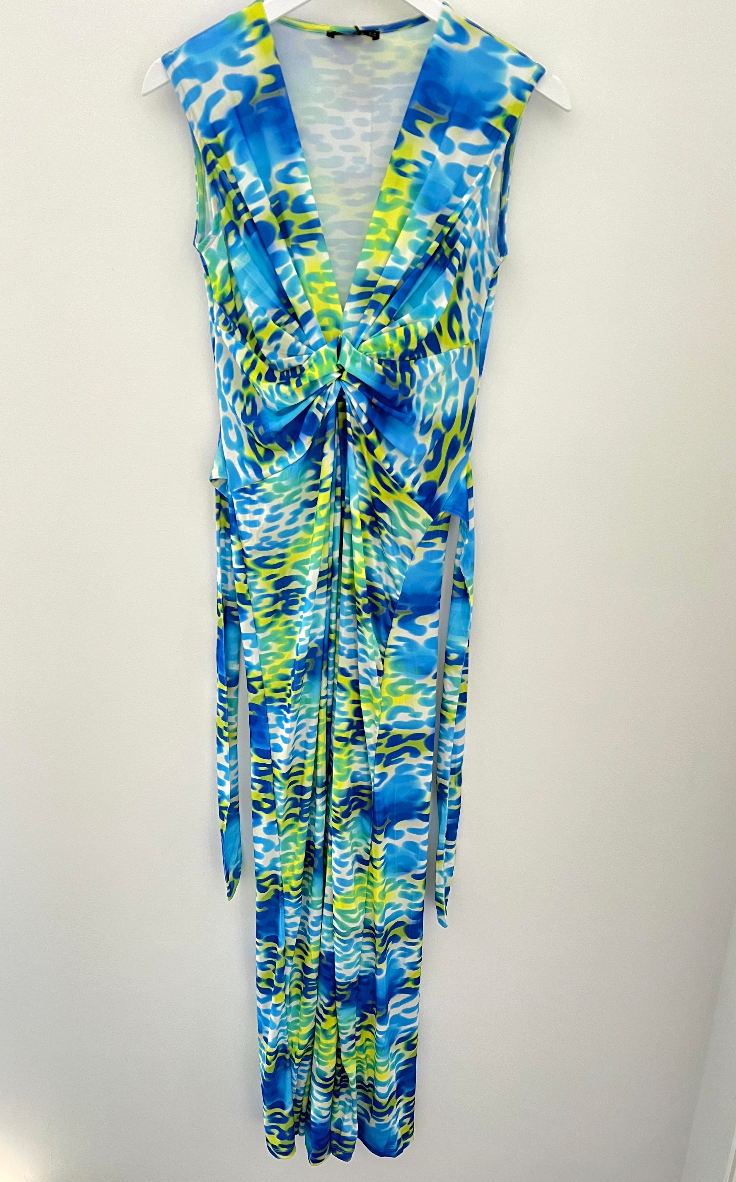 Stretch Print Dress in Blue & Lime