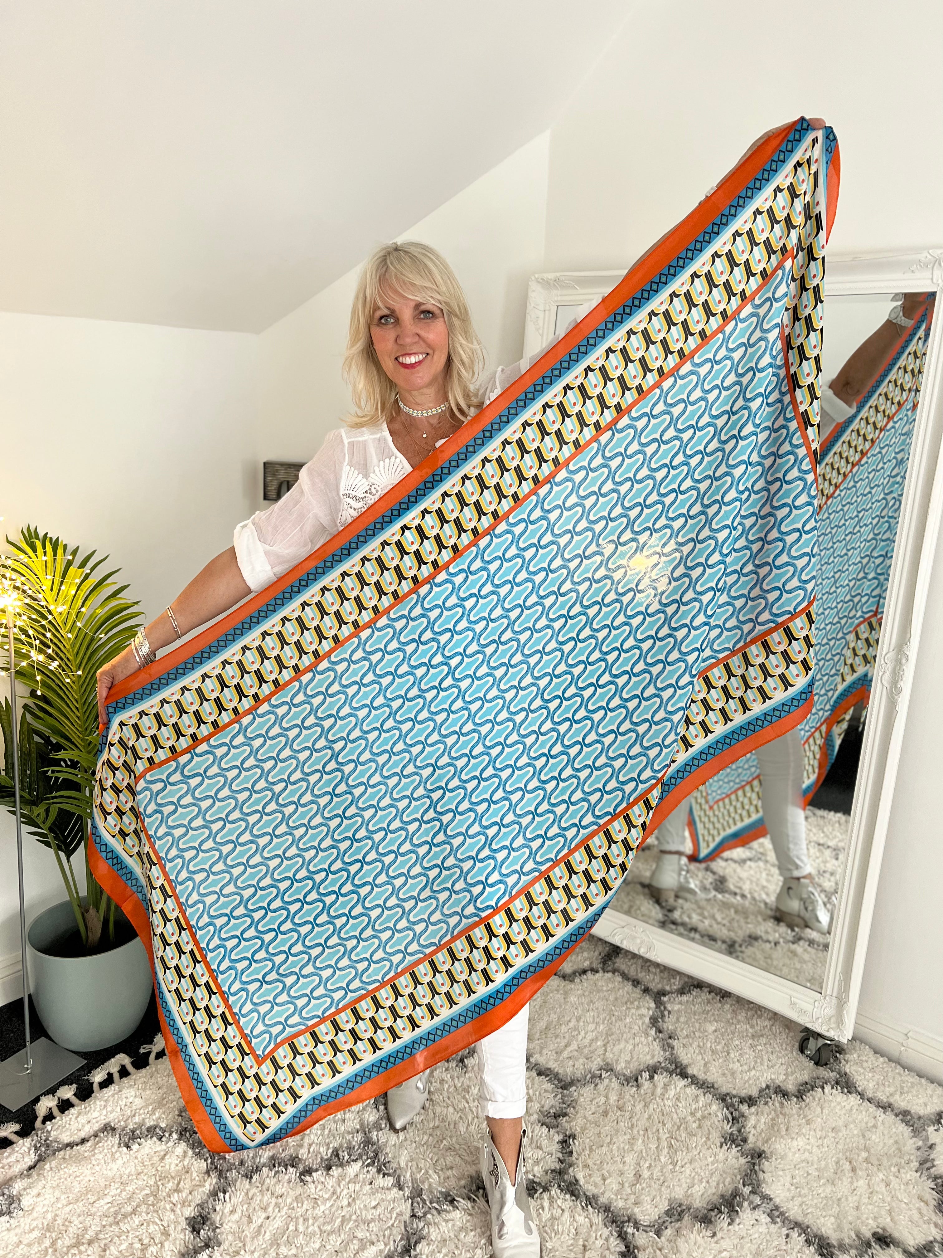 Silky Patterned Scarf with Orange Border