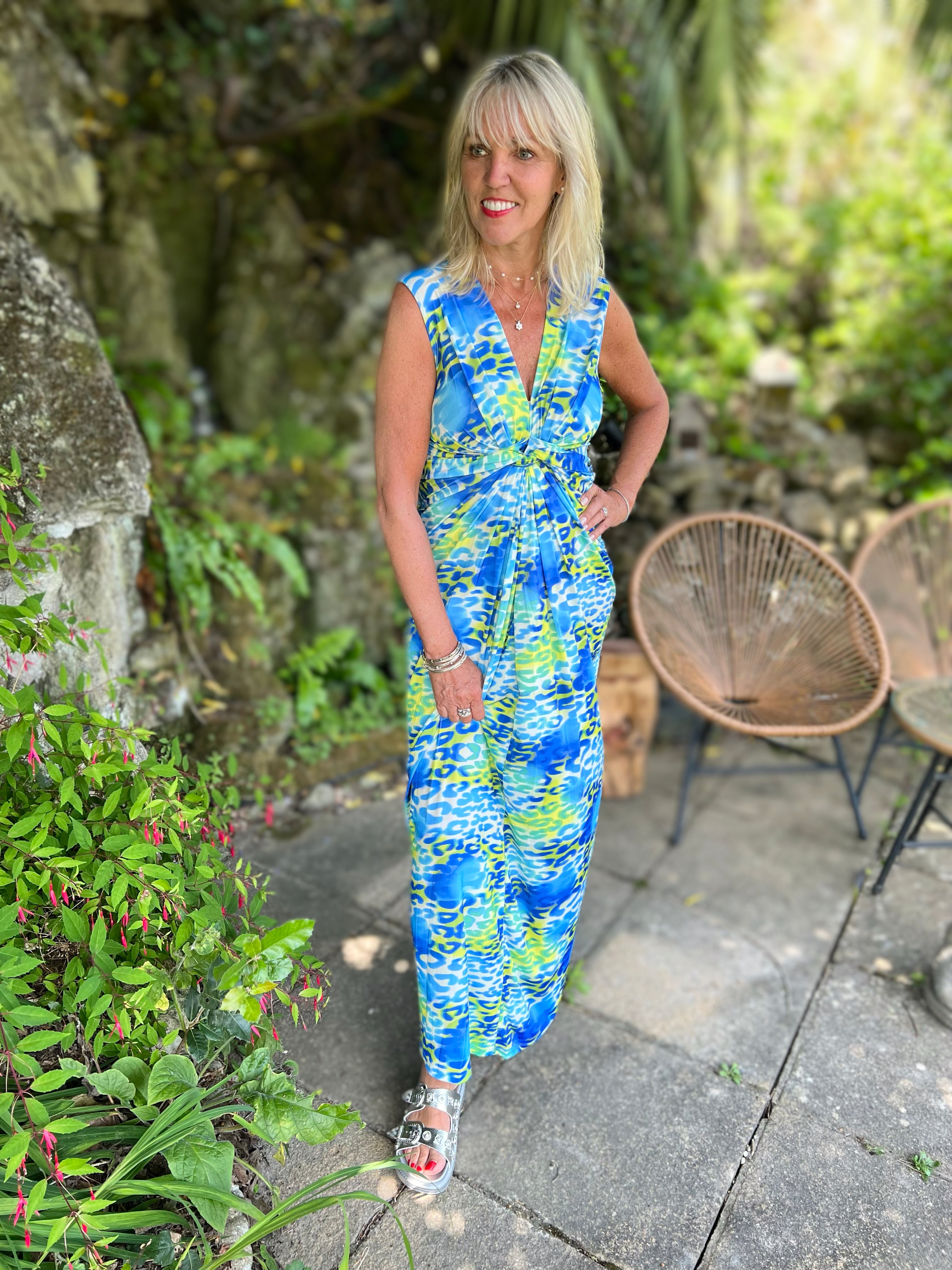 Stretch Print Dress in Blue & Lime