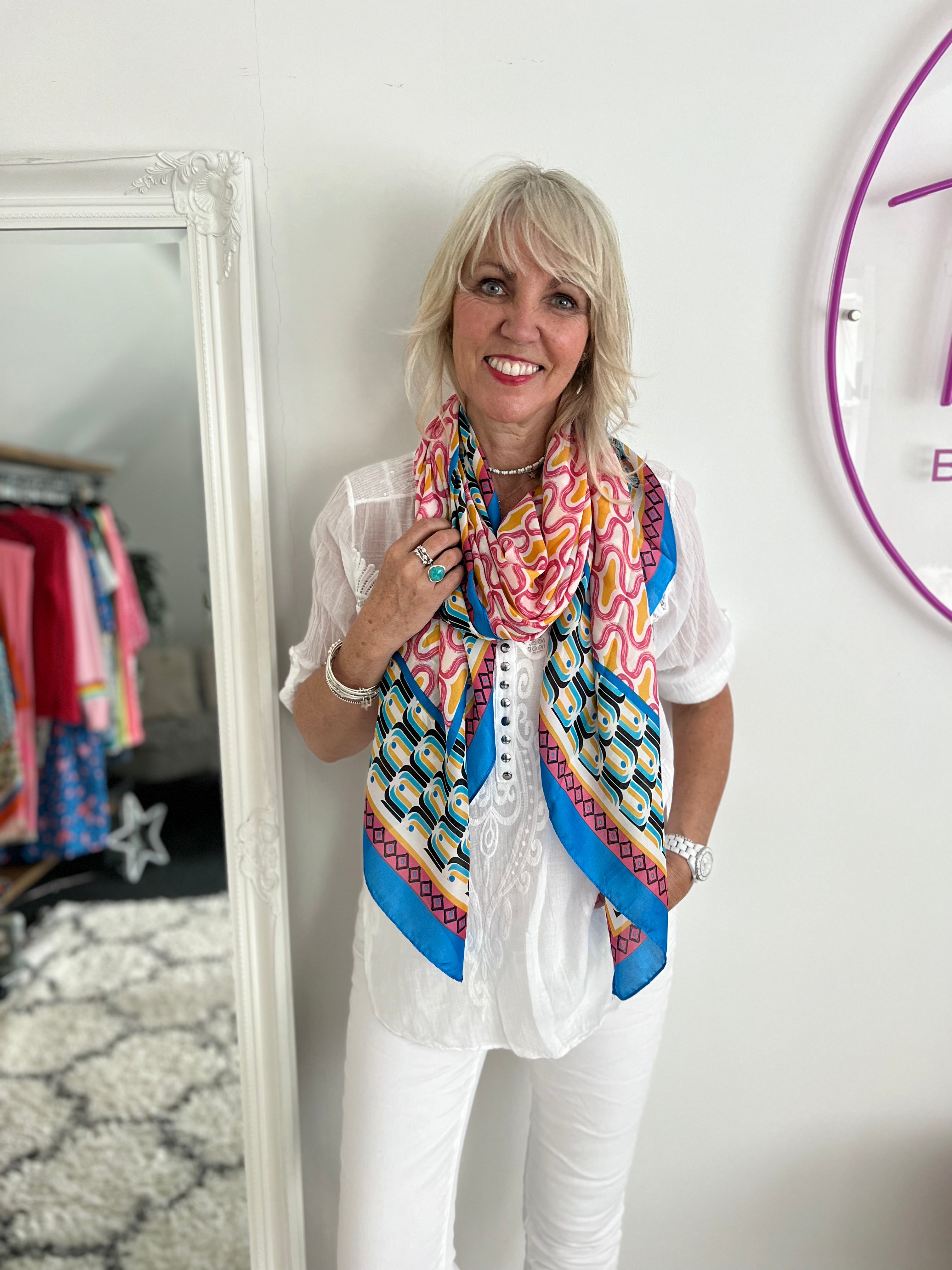 Silky Patterned Scarf with Blue Border