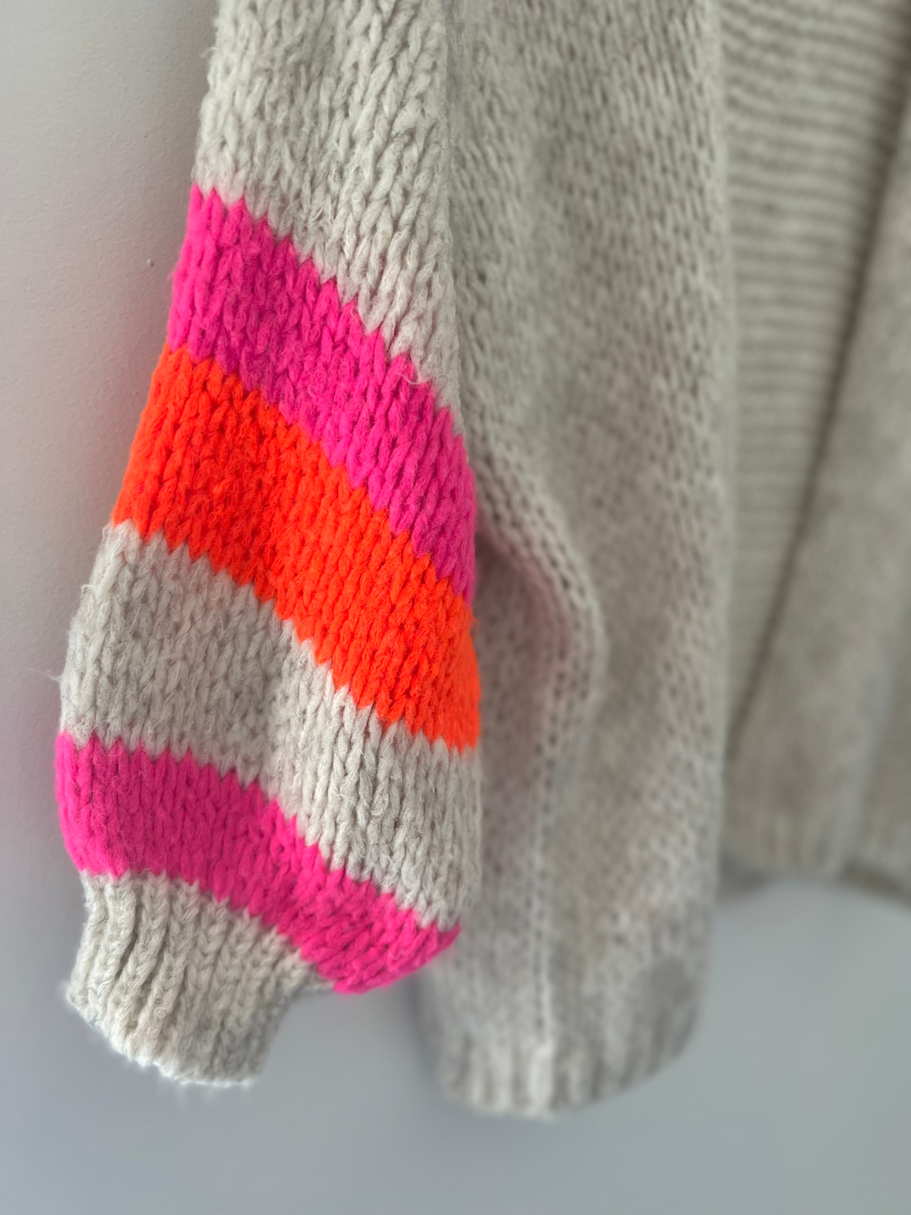 Luxe Cardi with Stripe Sleeves in Stone