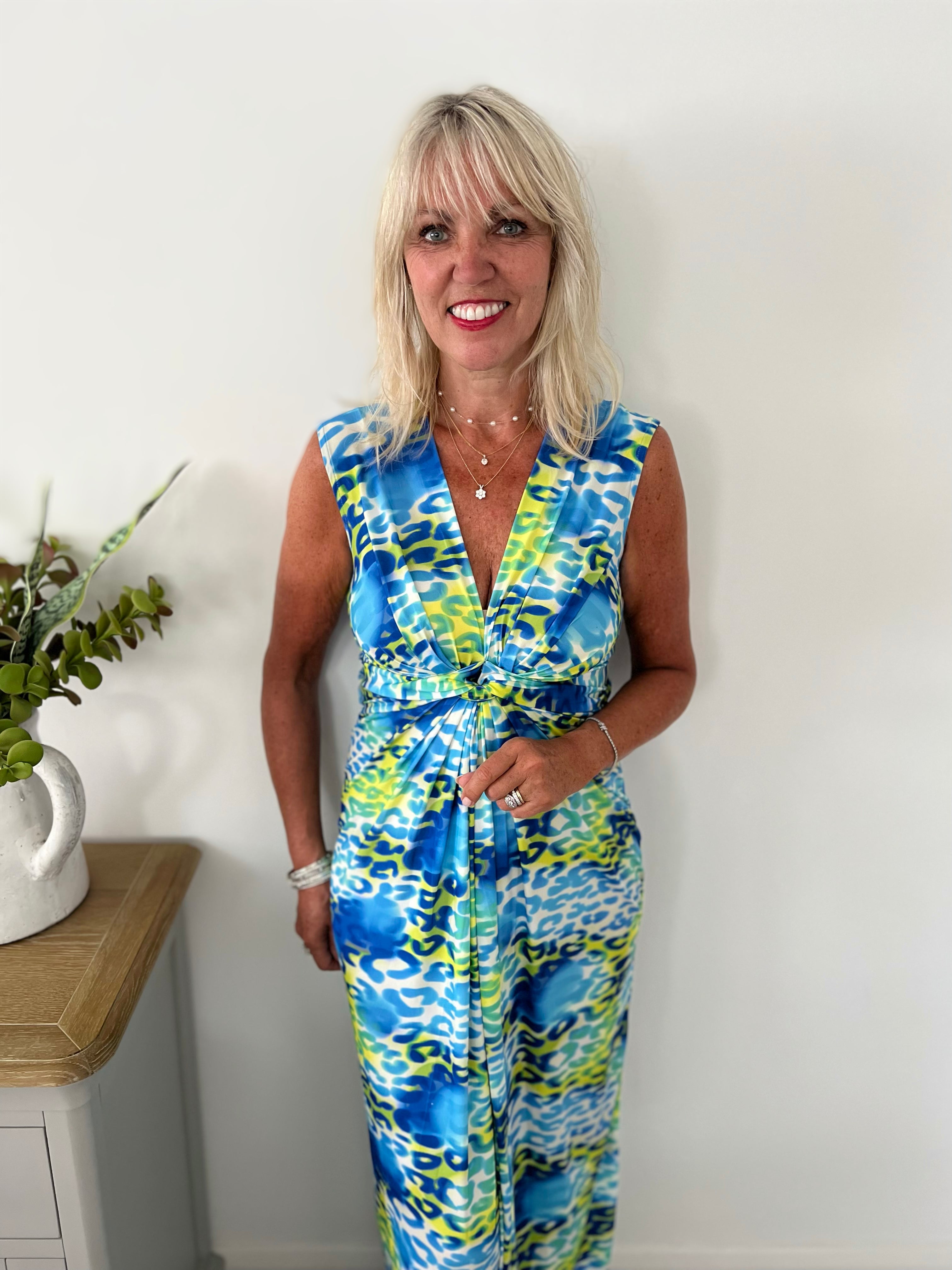 Stretch Print Dress in Blue & Lime