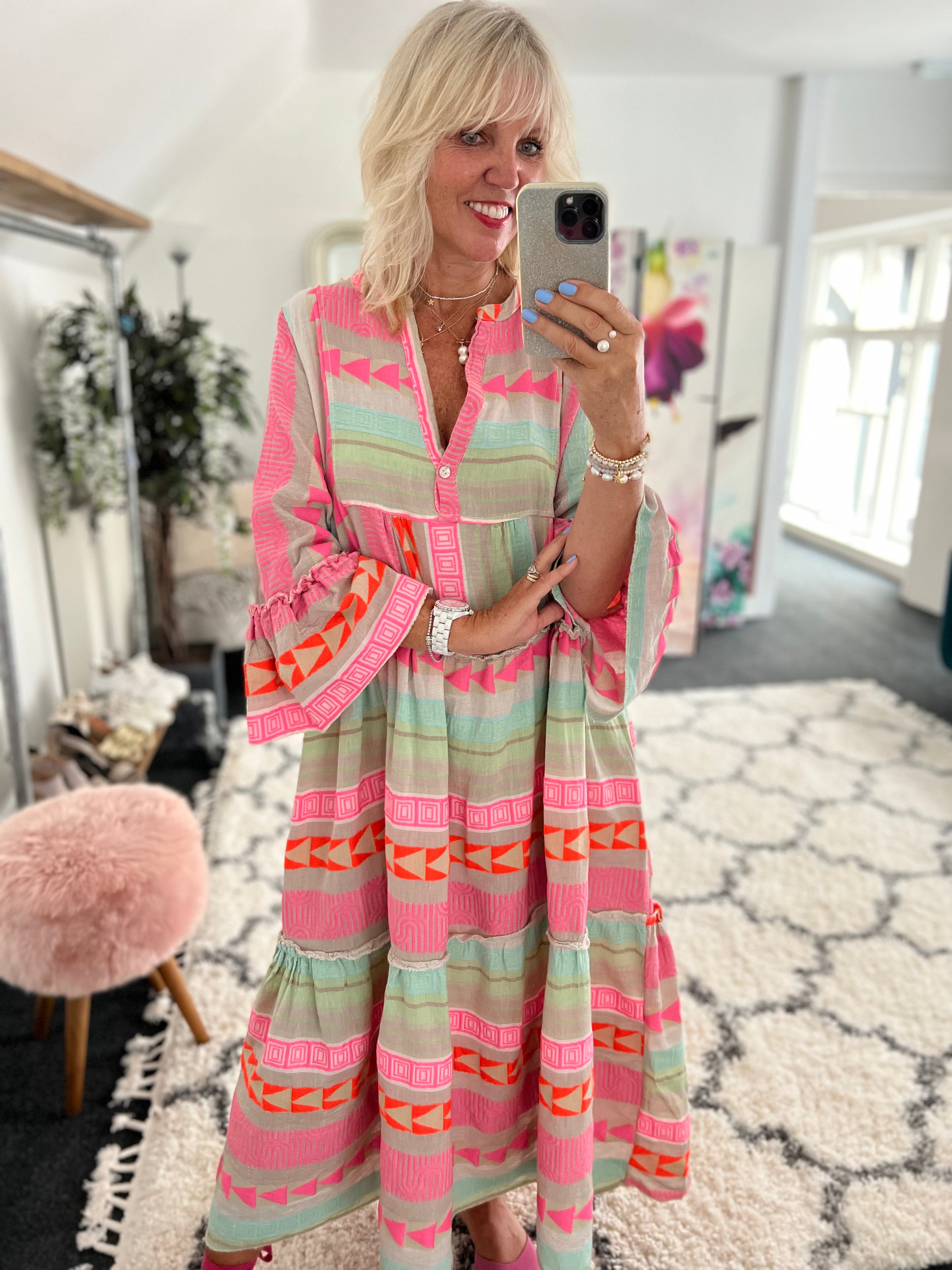 Embroidered Midi Dress in Khaki & Pink