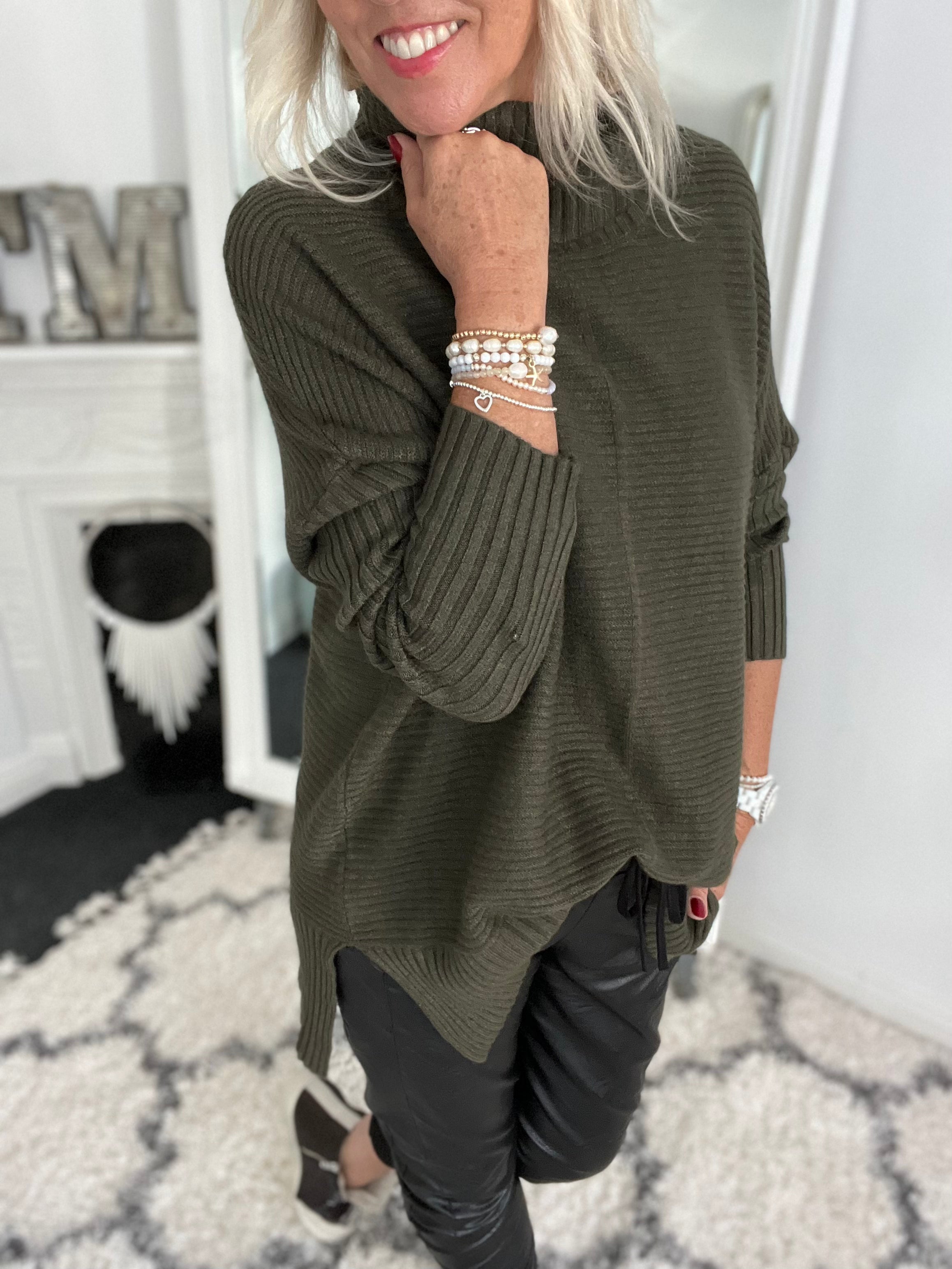 Ribbed Roll Neck Poncho Jumper in Khaki