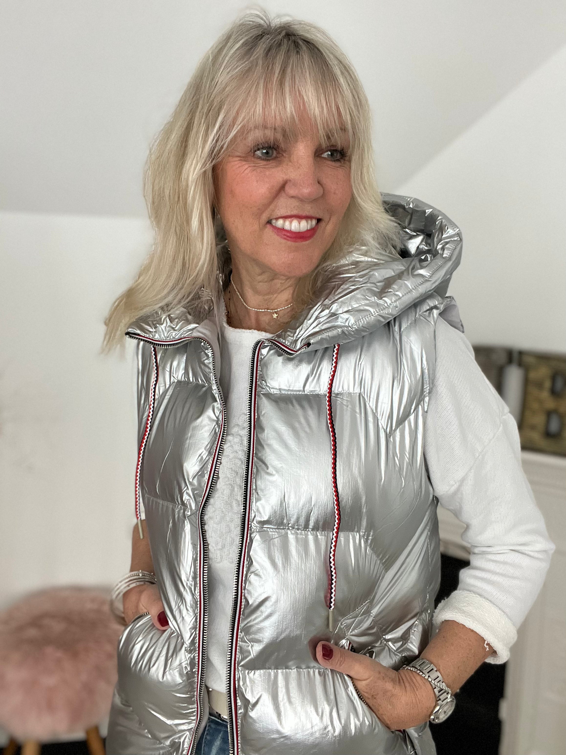Silver Quilted Gilet with Hood