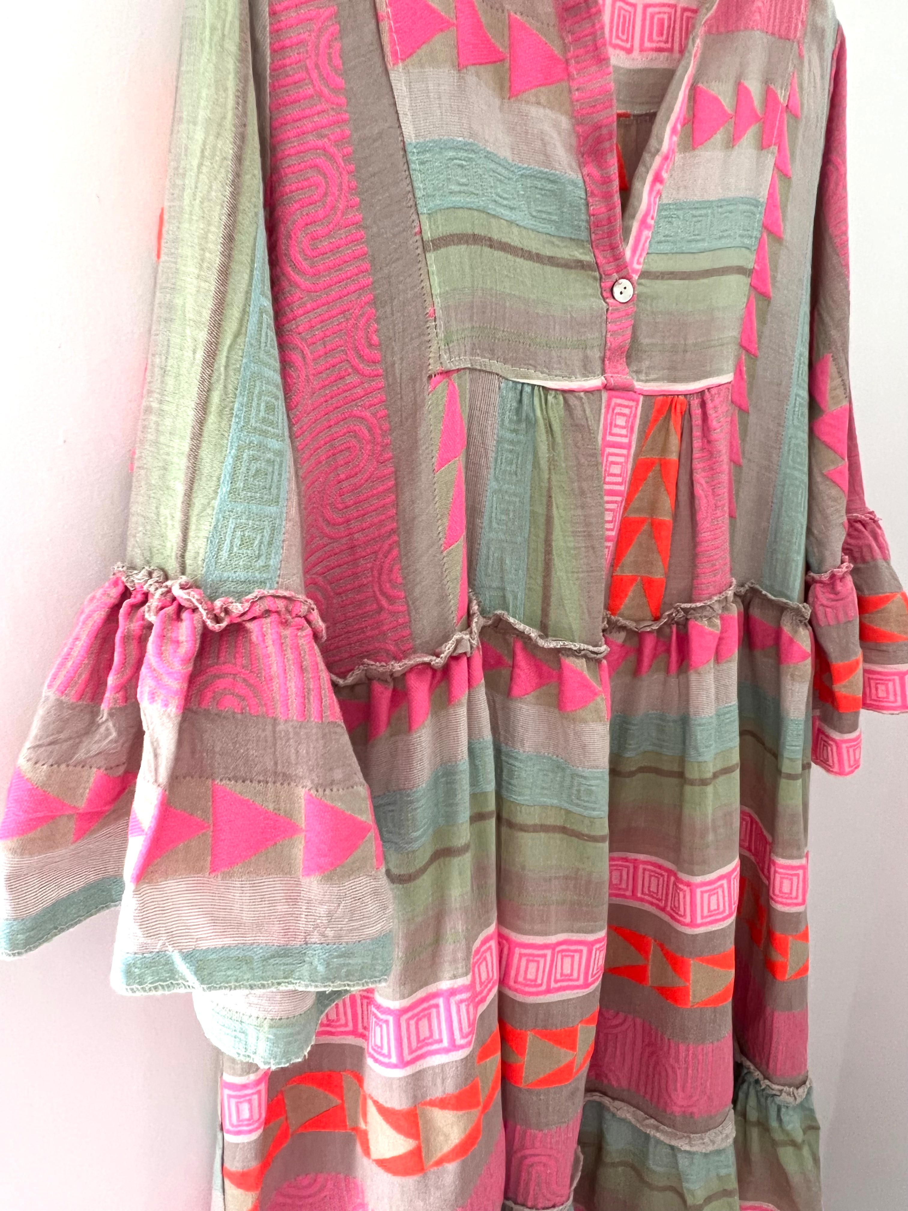 Embroidered Midi Dress in Khaki & Pink