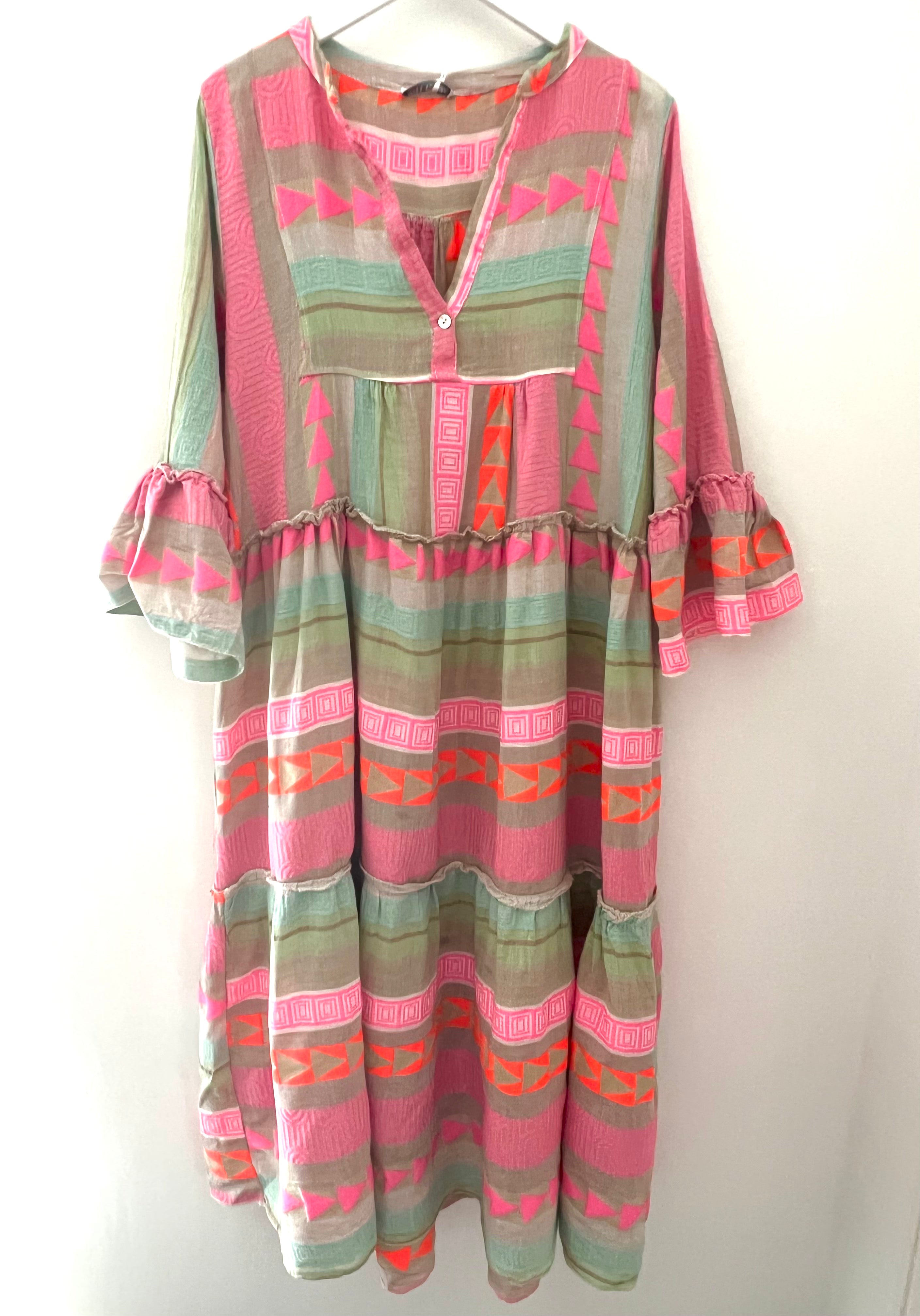 Embroidered Midi Dress in Khaki & Pink
