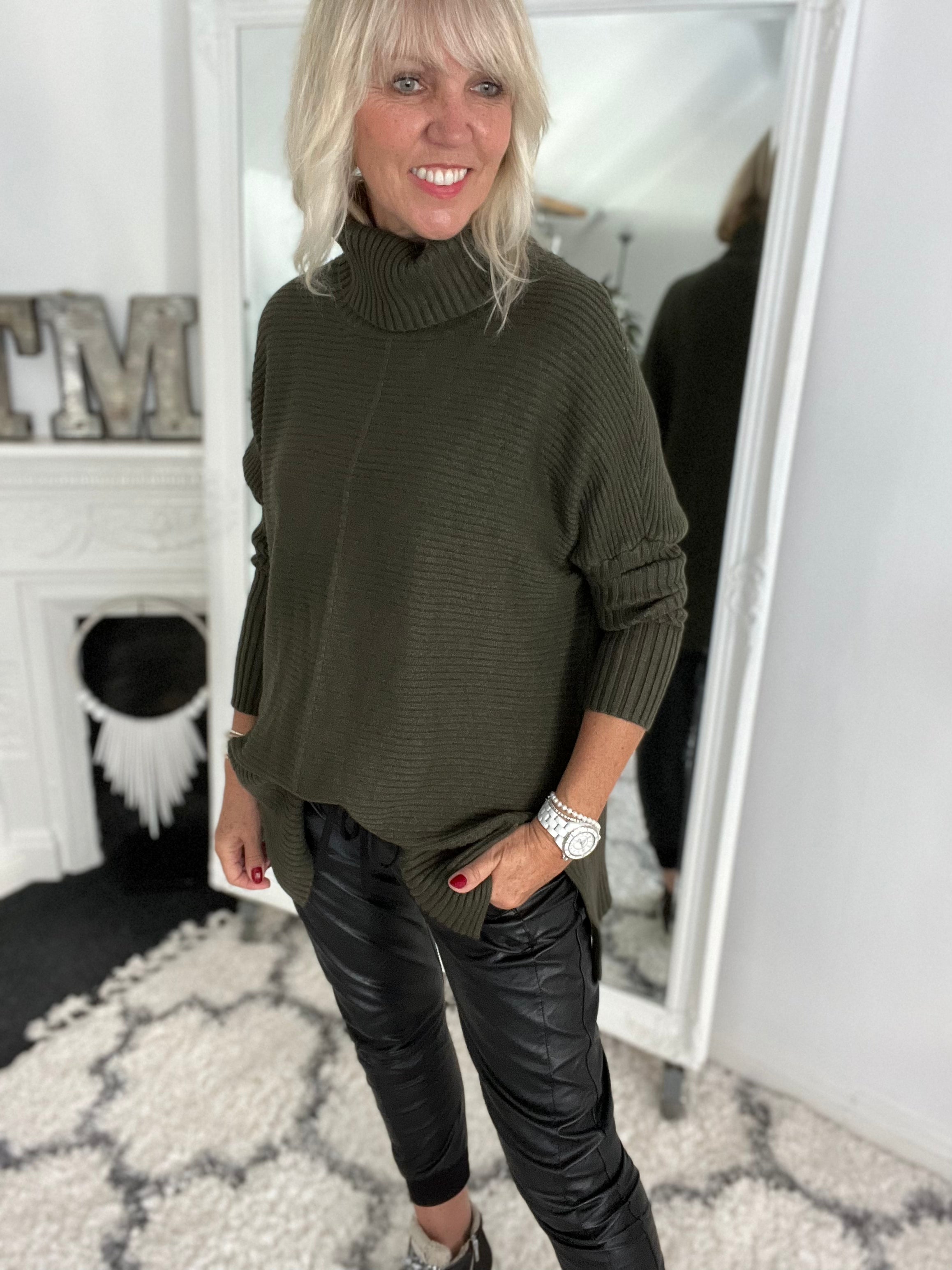 Ribbed Roll Neck Poncho Jumper in Khaki