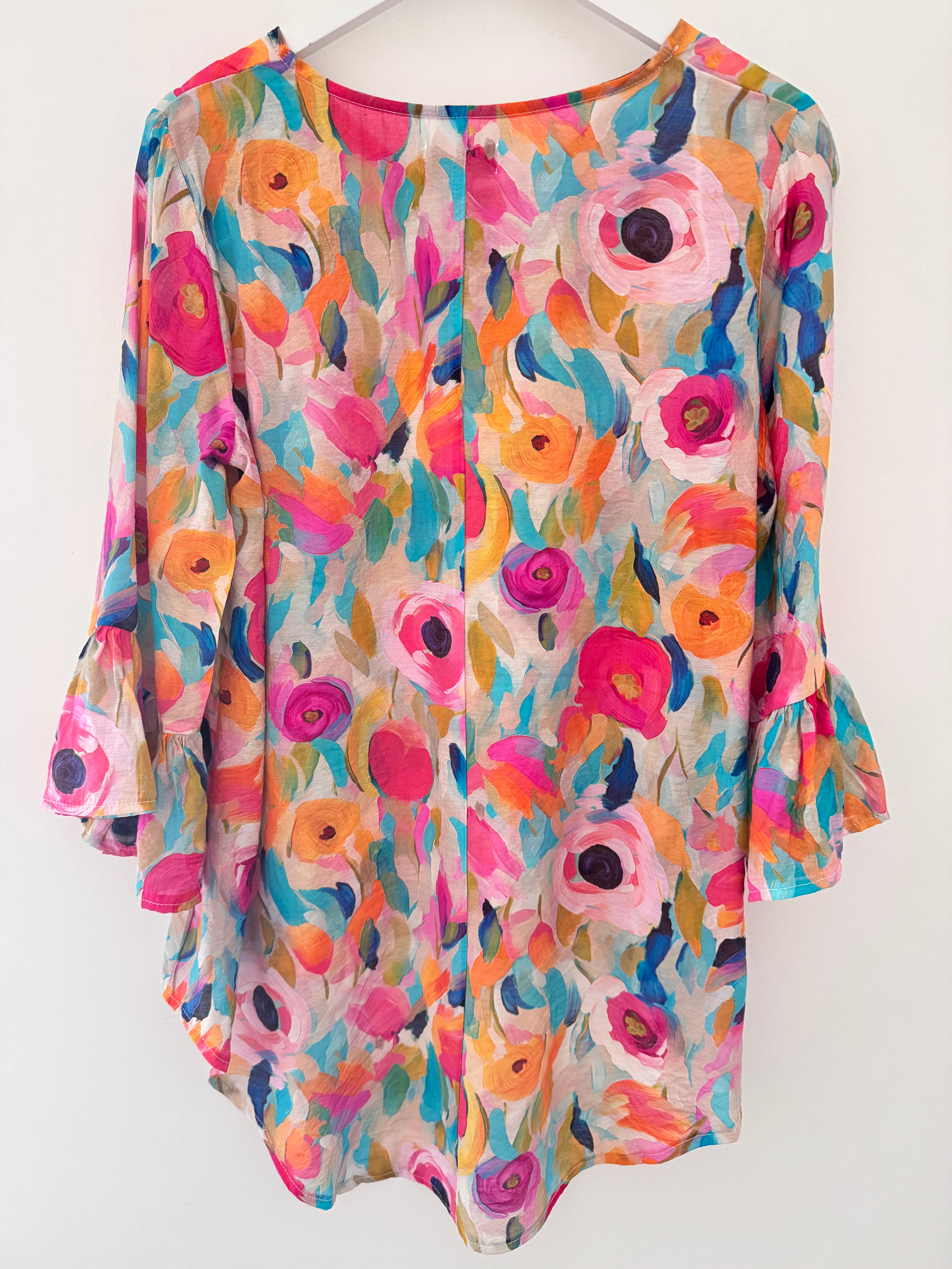 Silky Floral Top with Ruffle Sleeves