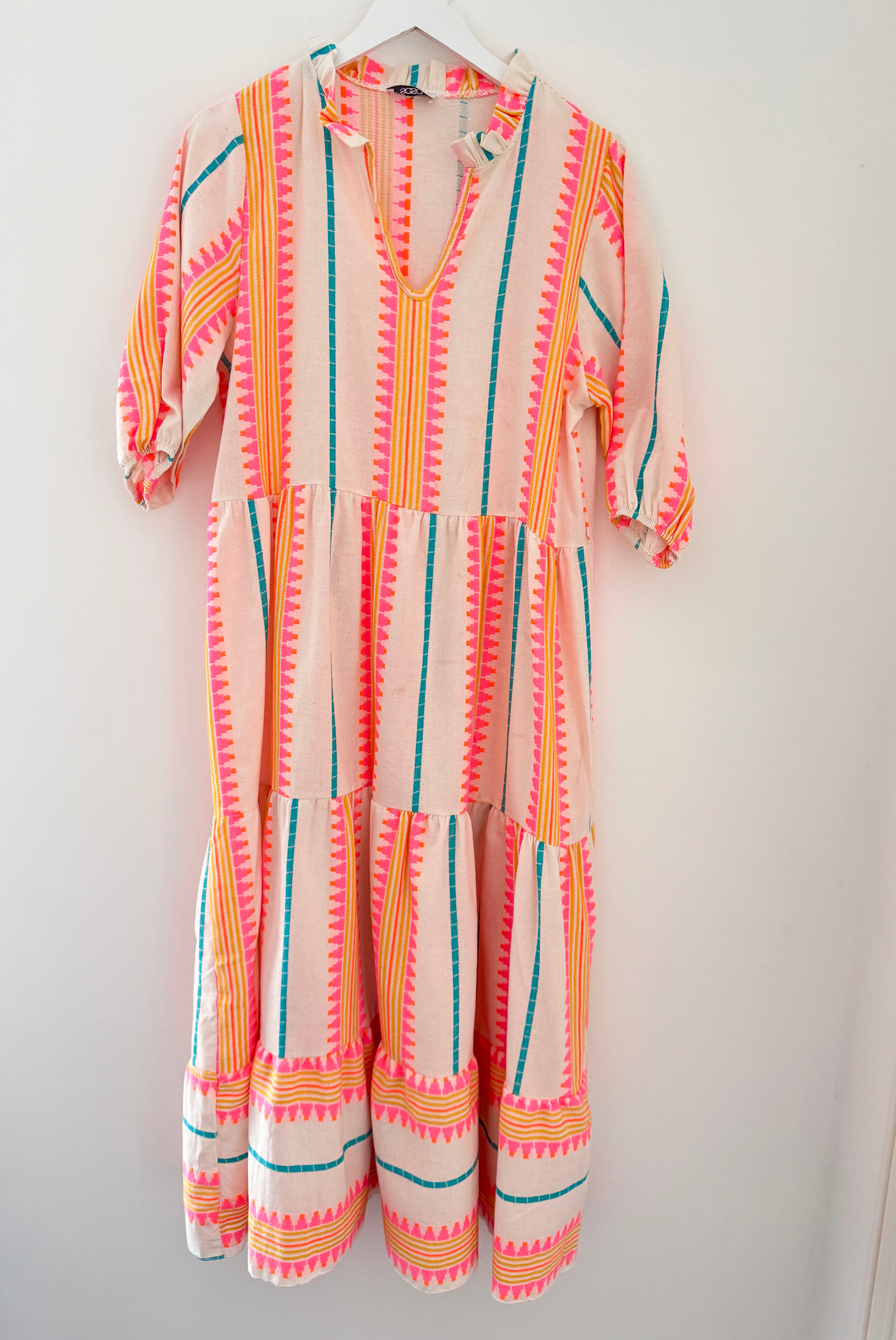 Embroidered Midi Dress in Pink & Neon