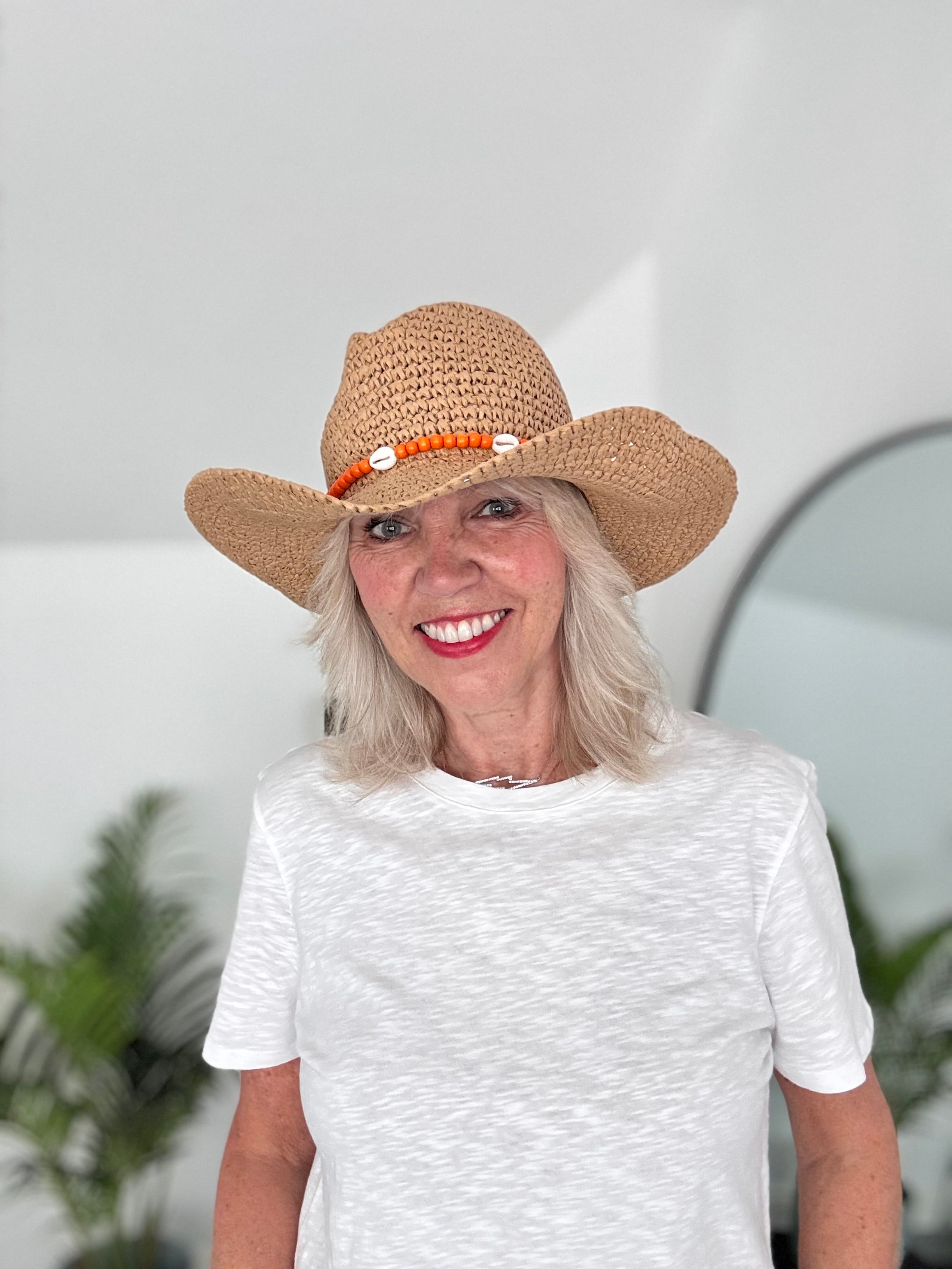 Straw Hat with Orange Bead & Shell Tie