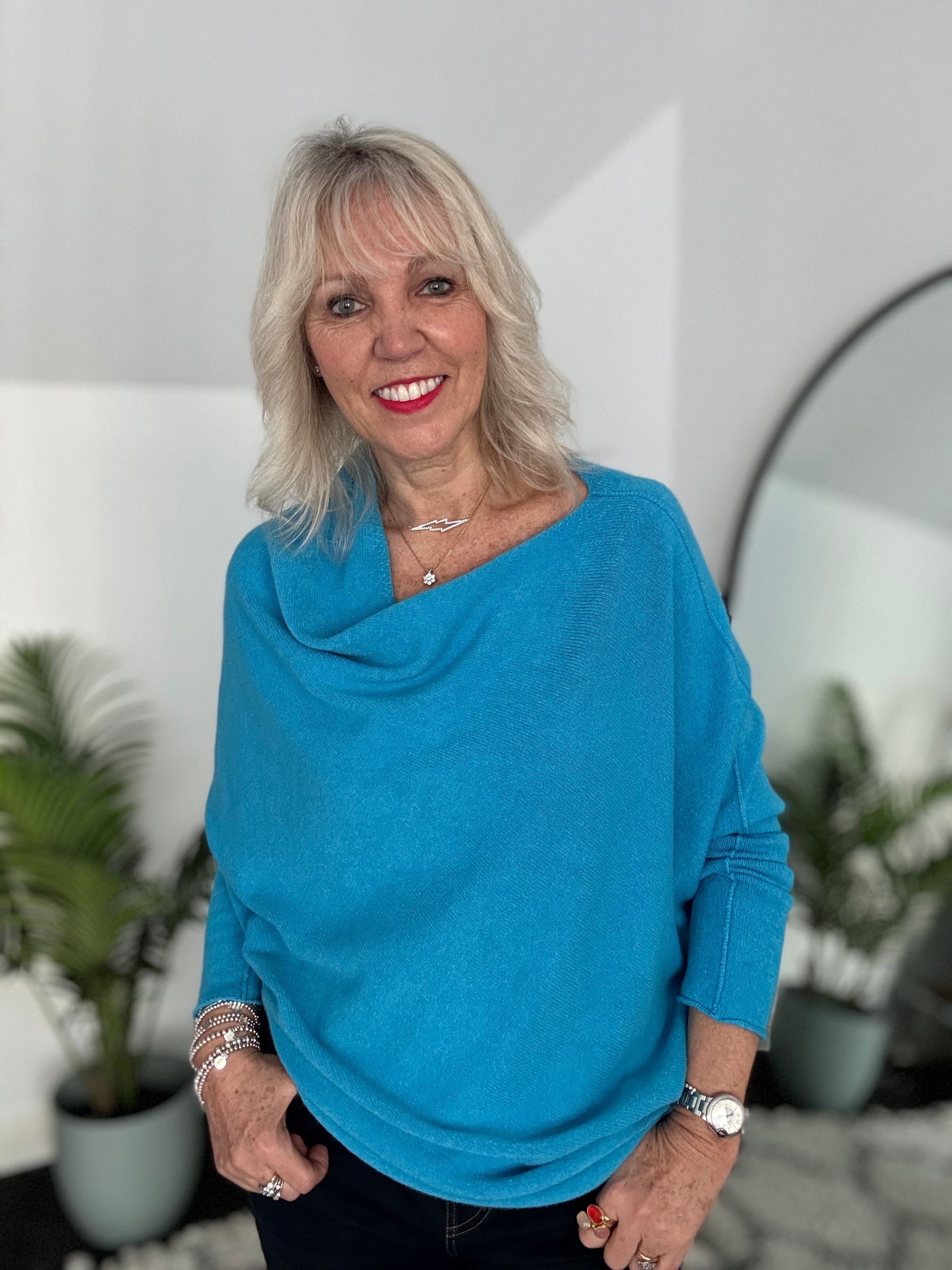 Cowl Neck Asymmetric Jumper in Turquoise