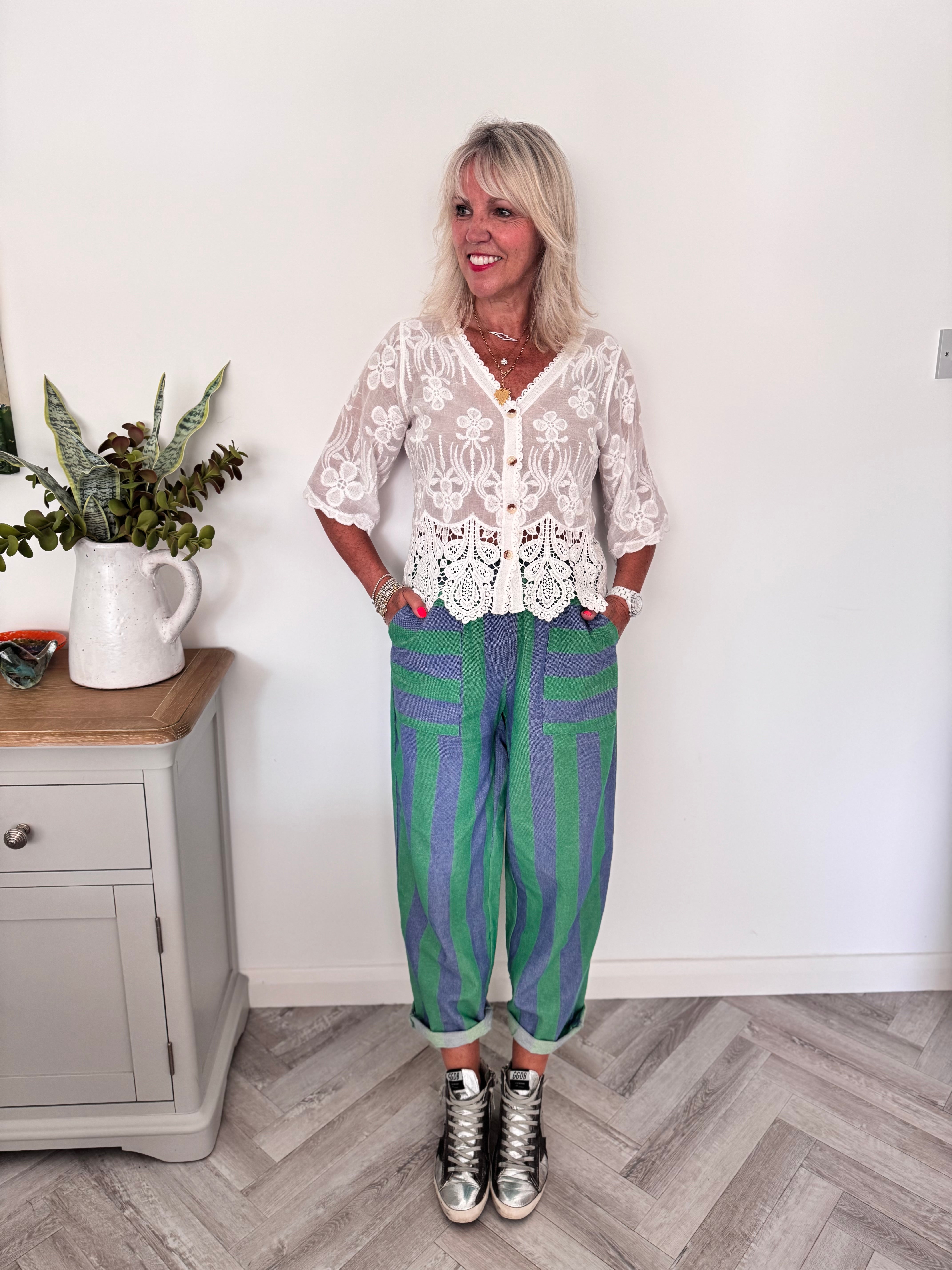 Stripe Trousers with Deep Pockets in Blue & Green
