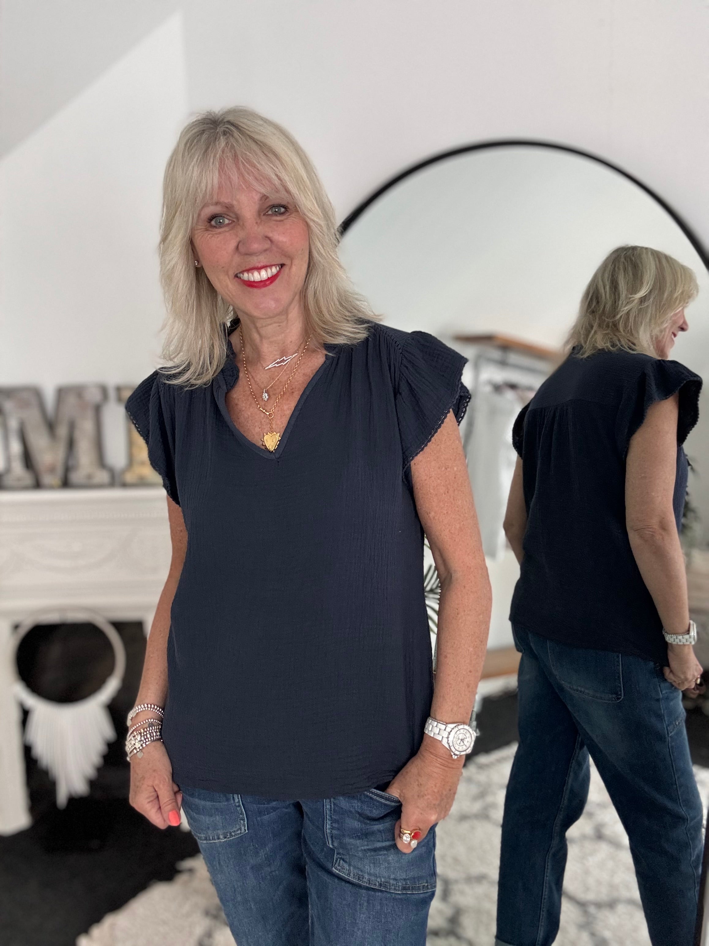 Cheesecloth Top with Ruffle Sleeves in Navy