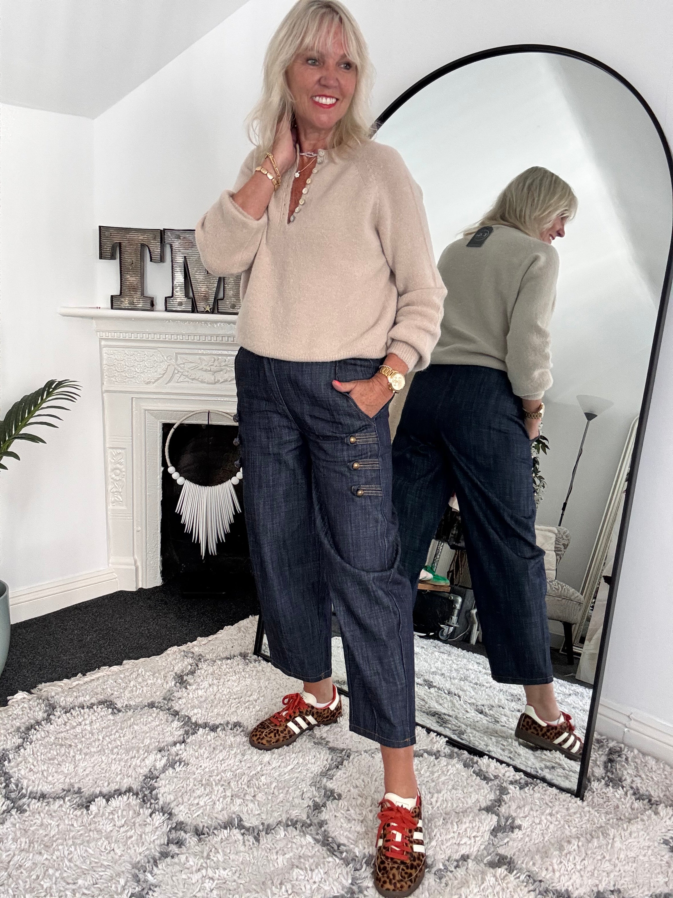Military Barrel Leg Trousers in Dark Denim