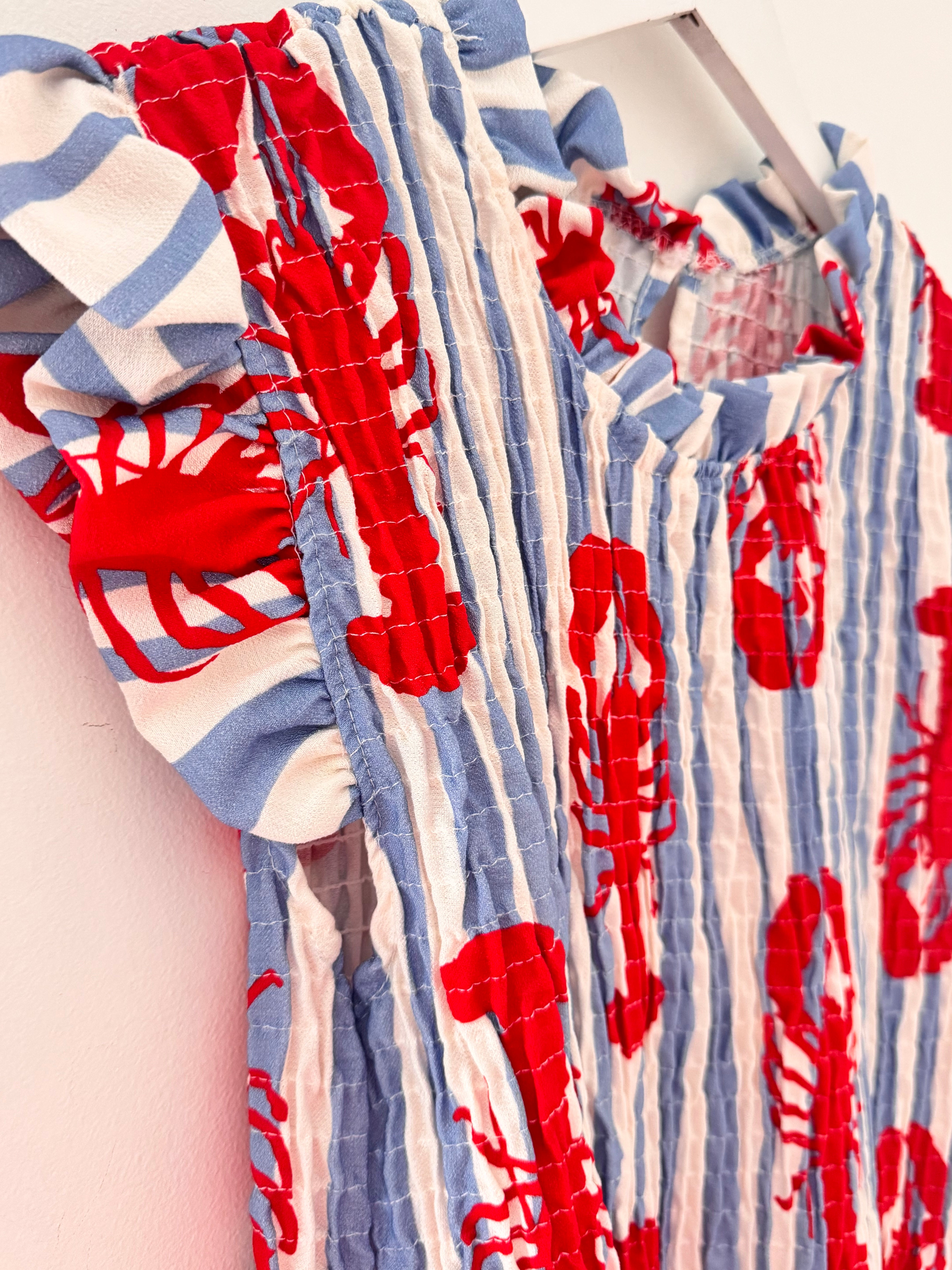 Shirred Lobster Top in Blue & Red