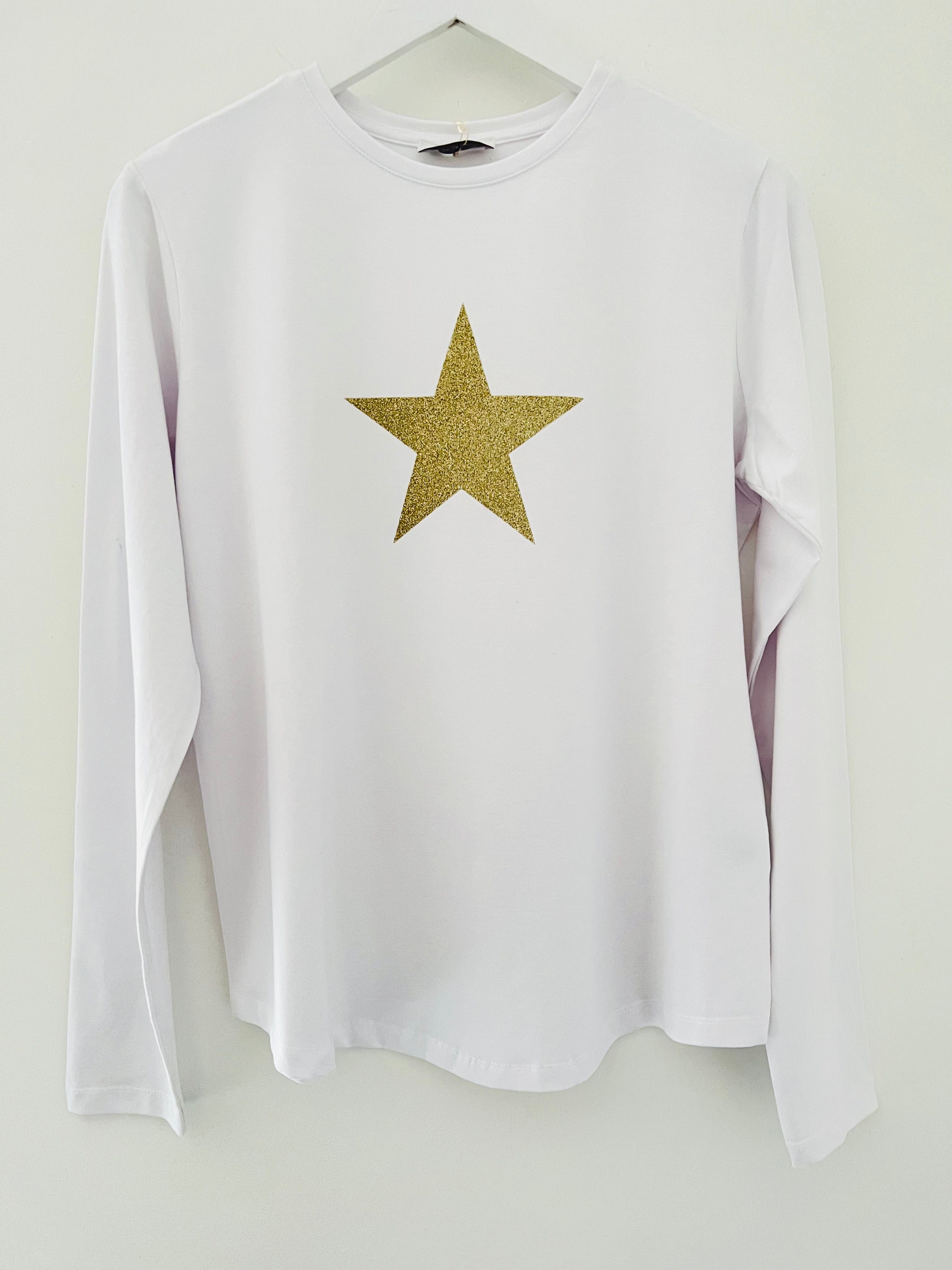 White Long Sleeve Top with Champagne Glitter Star