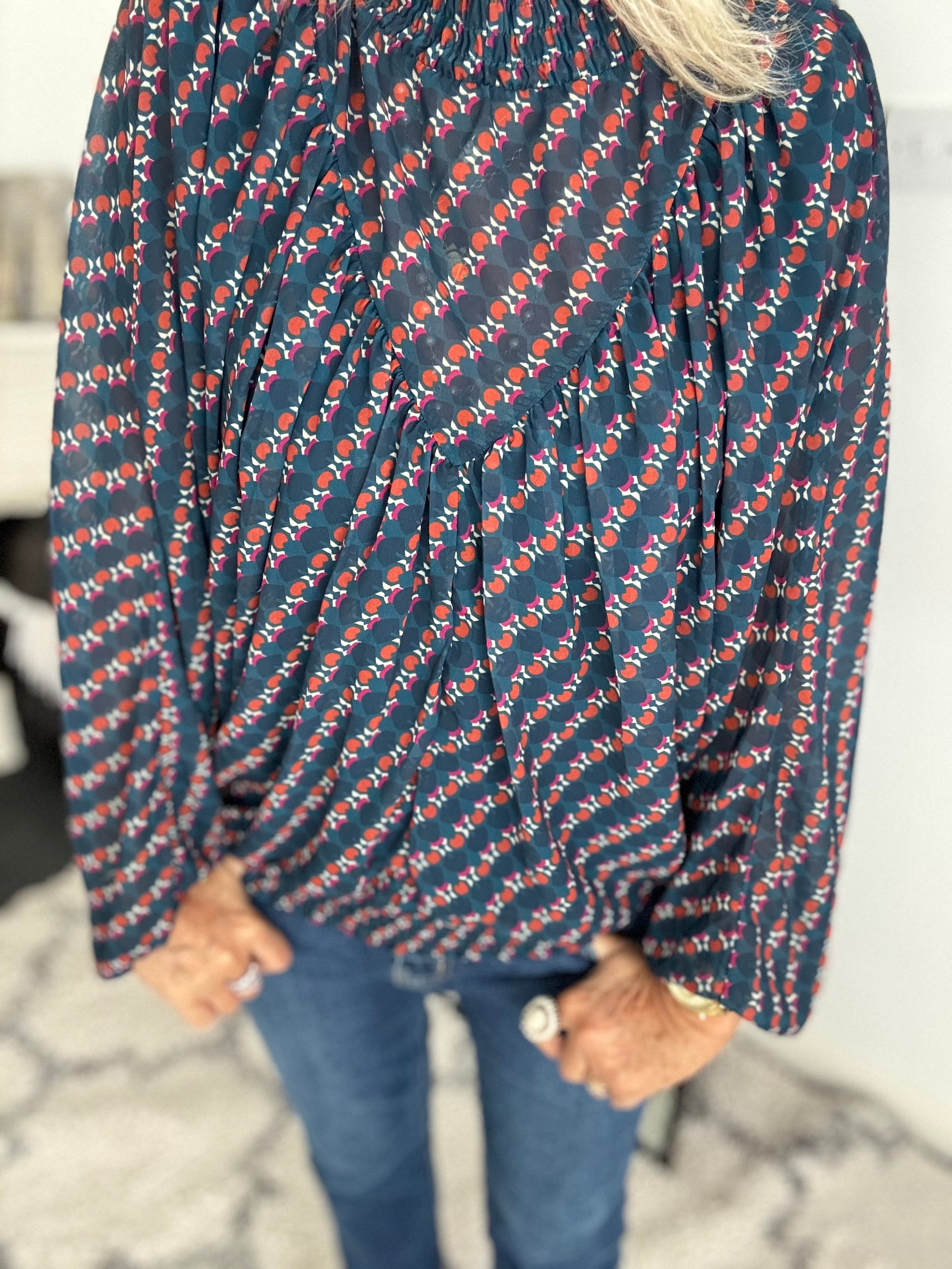 High Neck Blouse in Teal & Cherry