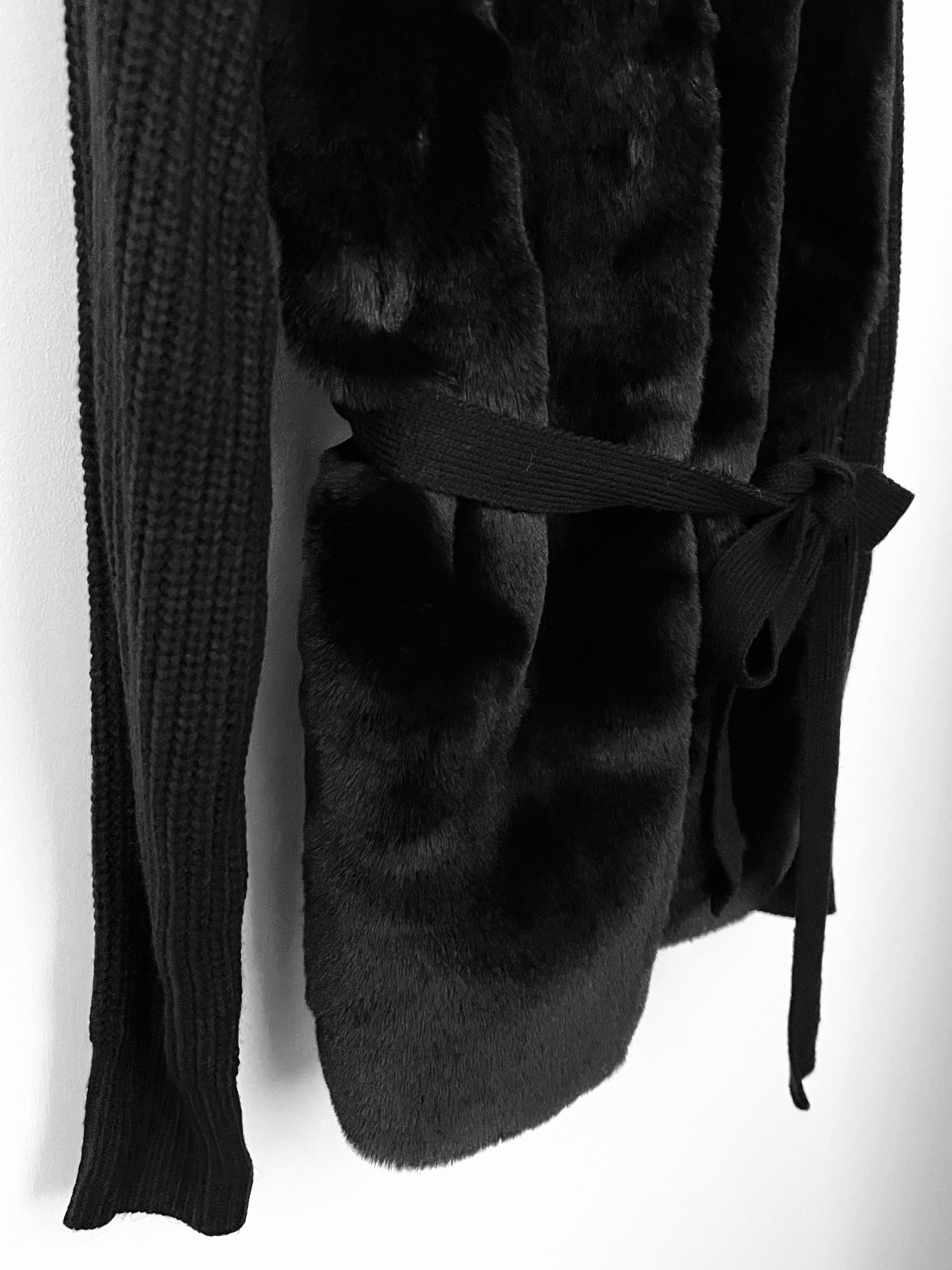 Belted Cardigan with Faux Fur in Black