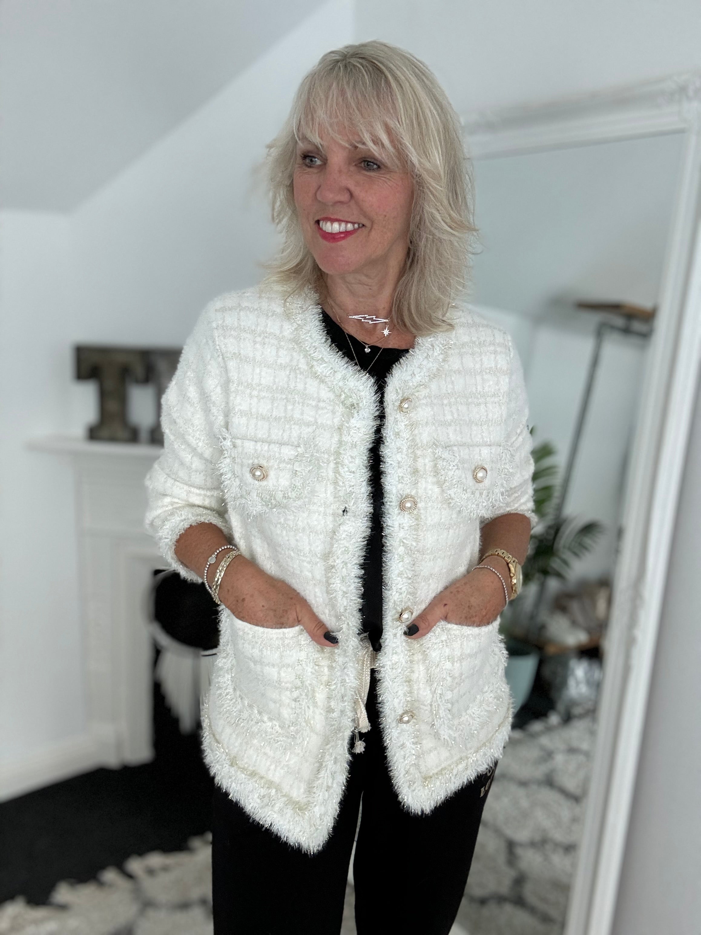 Pearl Button & Tweed Cardi Jacket in Ivory