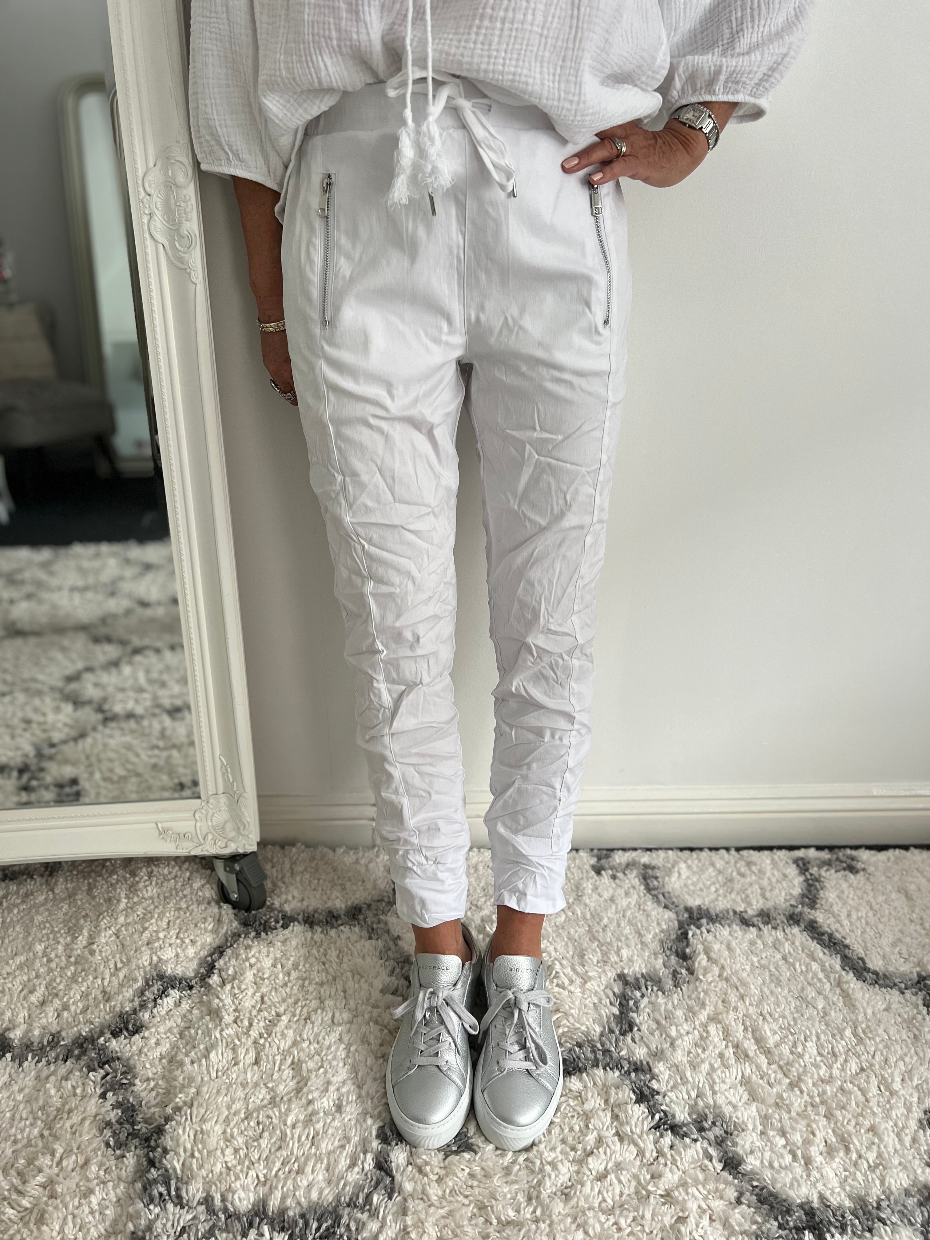 Crinkle Joggers with Pockets in White
