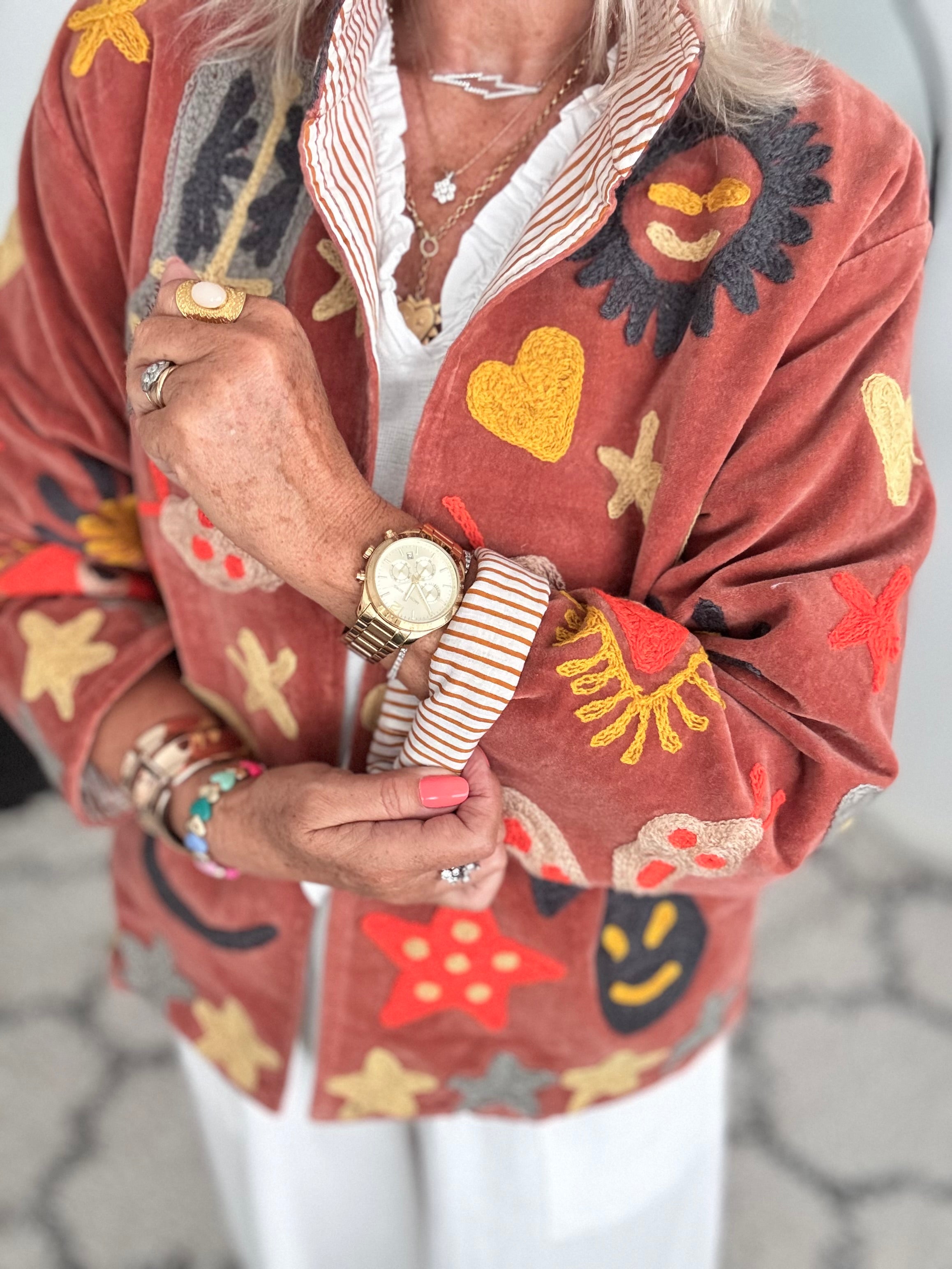 Artisan Velvet Jacket with Appliqued Folk Art in Sienna