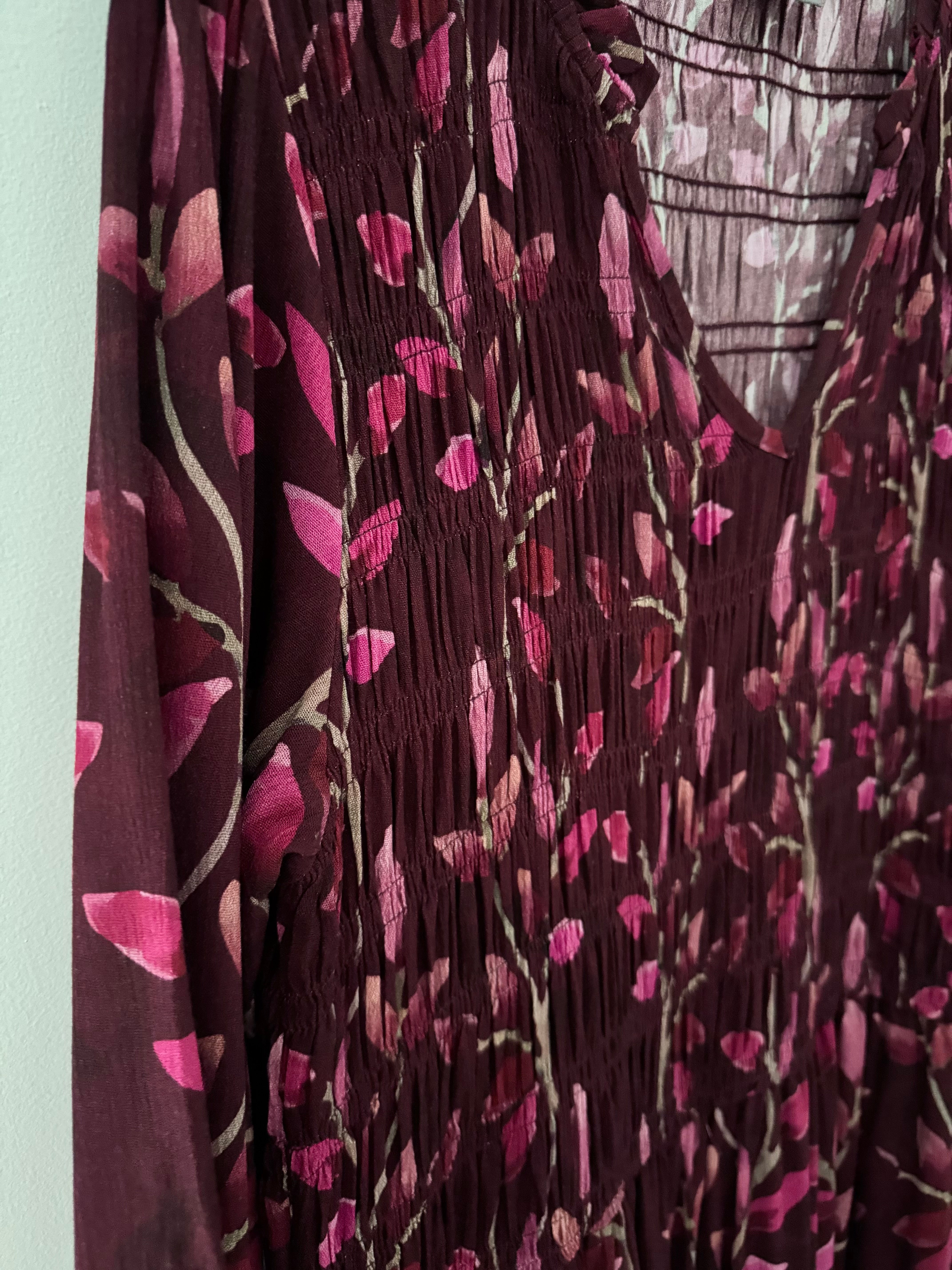 Leaf Print Dress with Shirred Bodice in Wine