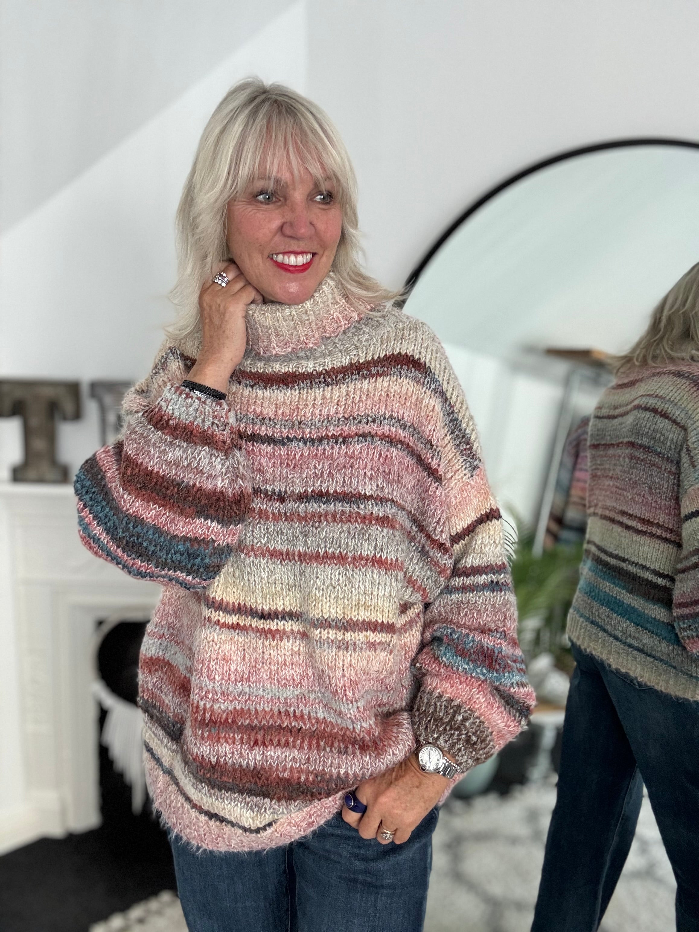 Oversized Stripe Roll Neck Jumper in Pink & Mocha