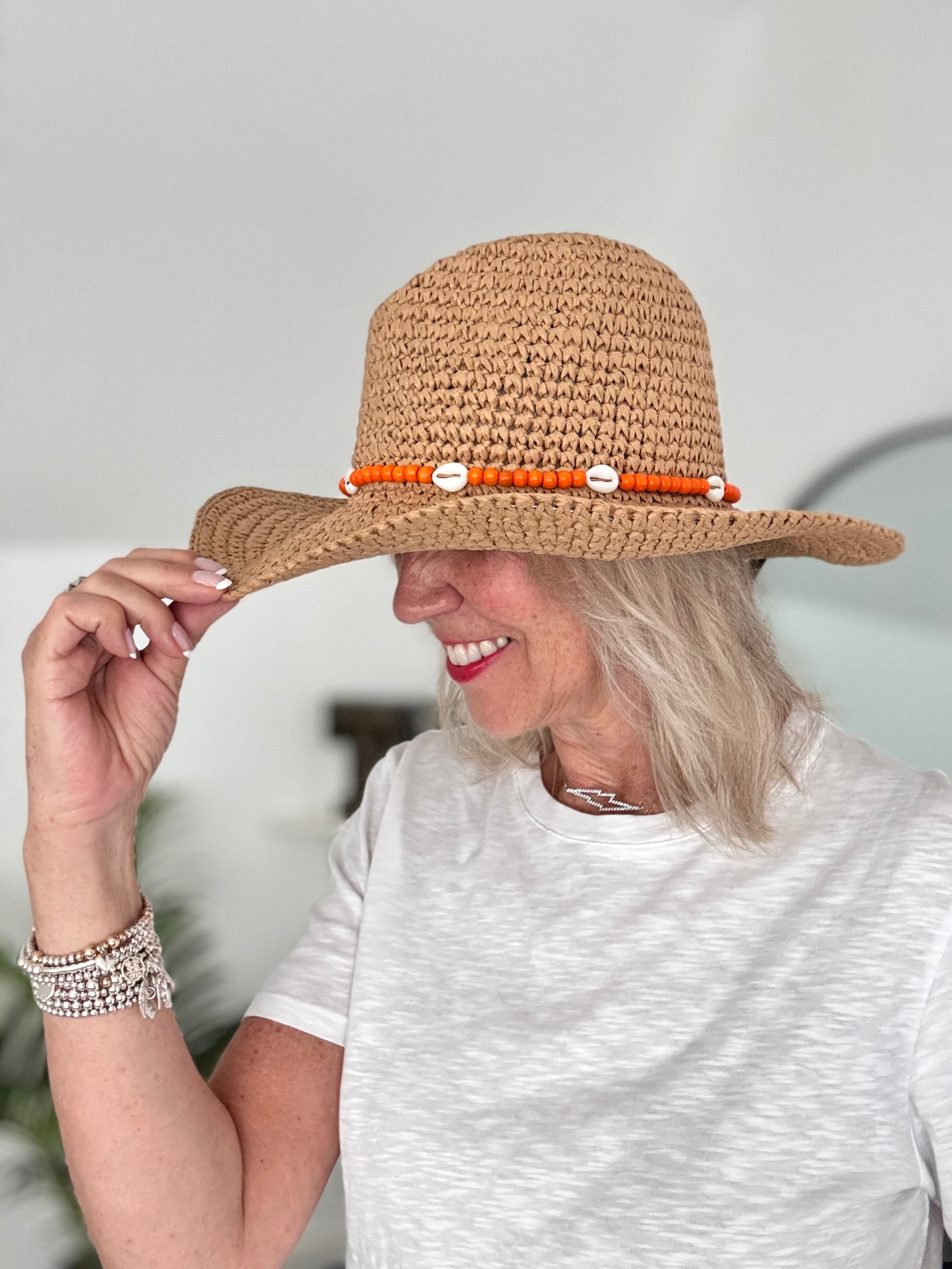 Straw Hat with Orange Bead & Shell Tie