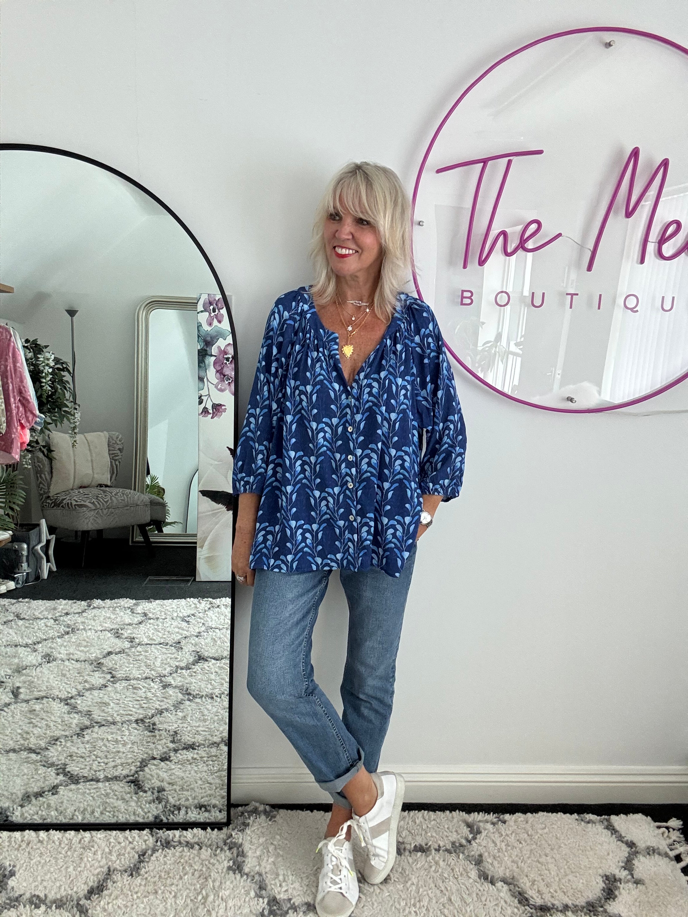 Leaf Print Blouse in Blue